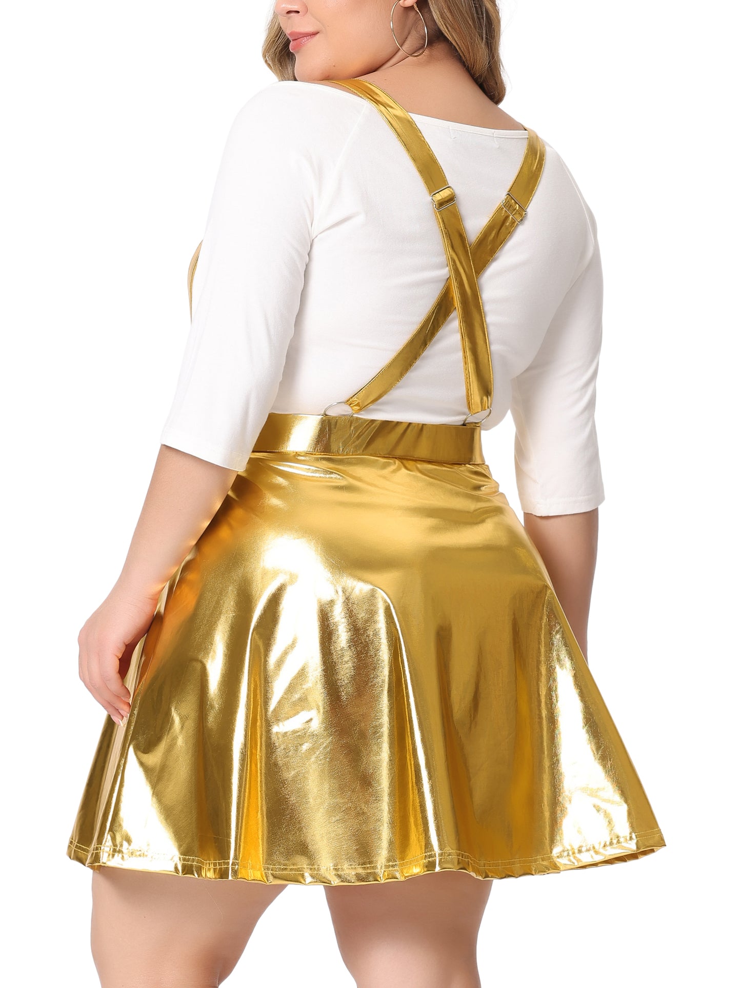 Women Plus Size Shiny Metallic Suspender Skirt High Waisted Holographic Rave Skirt