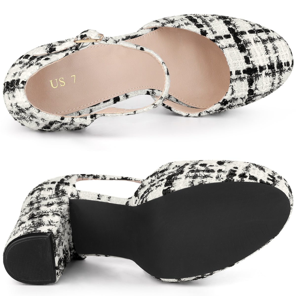 Women's Plaid Platform Closed Toe Chunky Heel Mary Janes Pumps