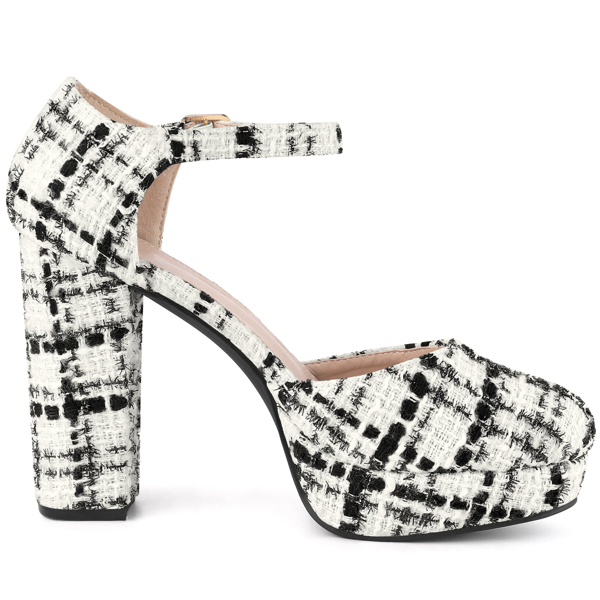 Women's Plaid Platform Closed Toe Chunky Heel Mary Janes Pumps