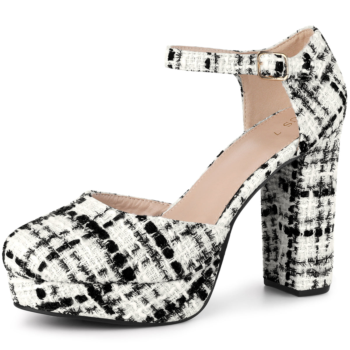 Women's Plaid Platform Closed Toe Chunky Heel Mary Janes Pumps