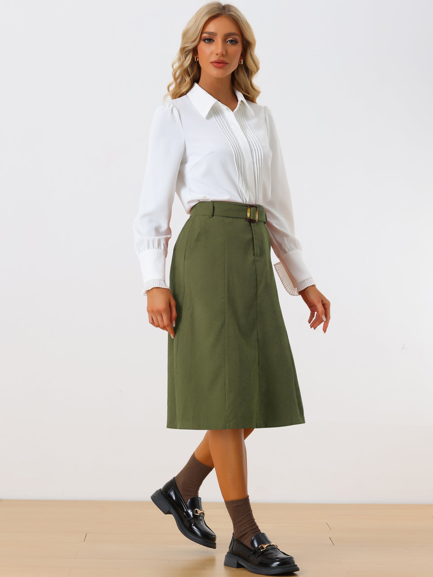 Women's High Waist Elastic Back A-Line Belted Winter Fall Midi Corduroy Skirt