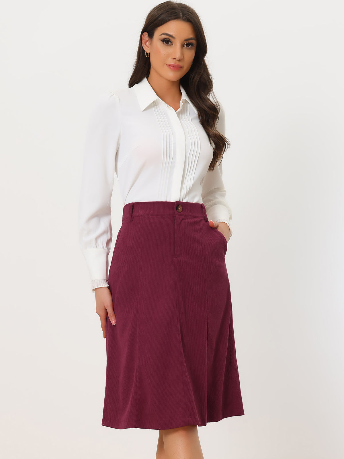 Women's High Waist Elastic Back A-Line Belted Winter Fall Midi Corduroy Skirt