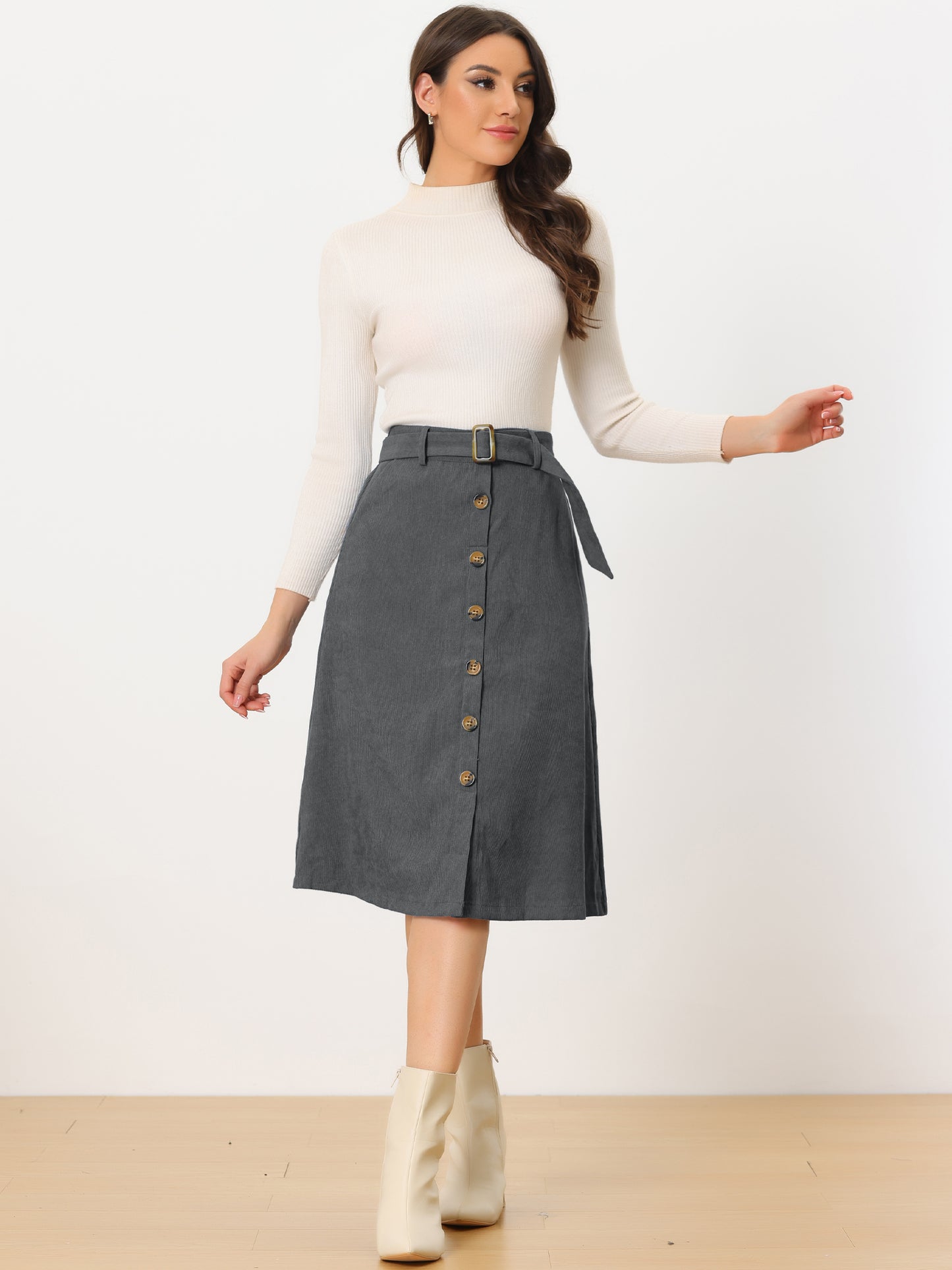 Women's Fall Button Front Belted Corduroy High Waist Midi Skirt (Available in Plus Size)