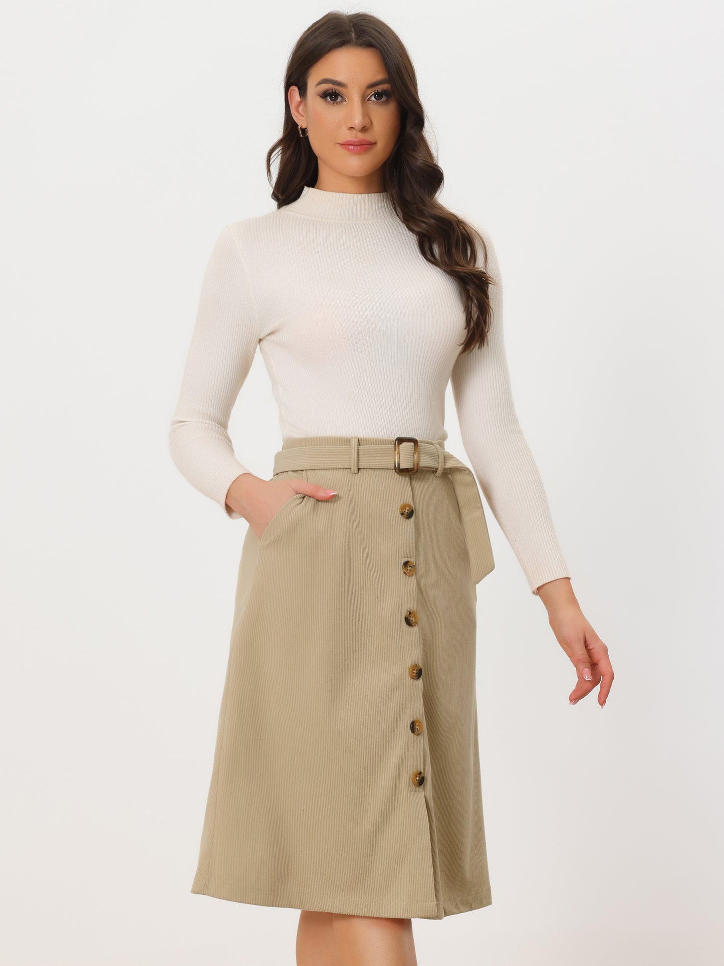 Women's Fall Button Front Belted Corduroy High Waist Midi Skirt (Available in Plus Size)