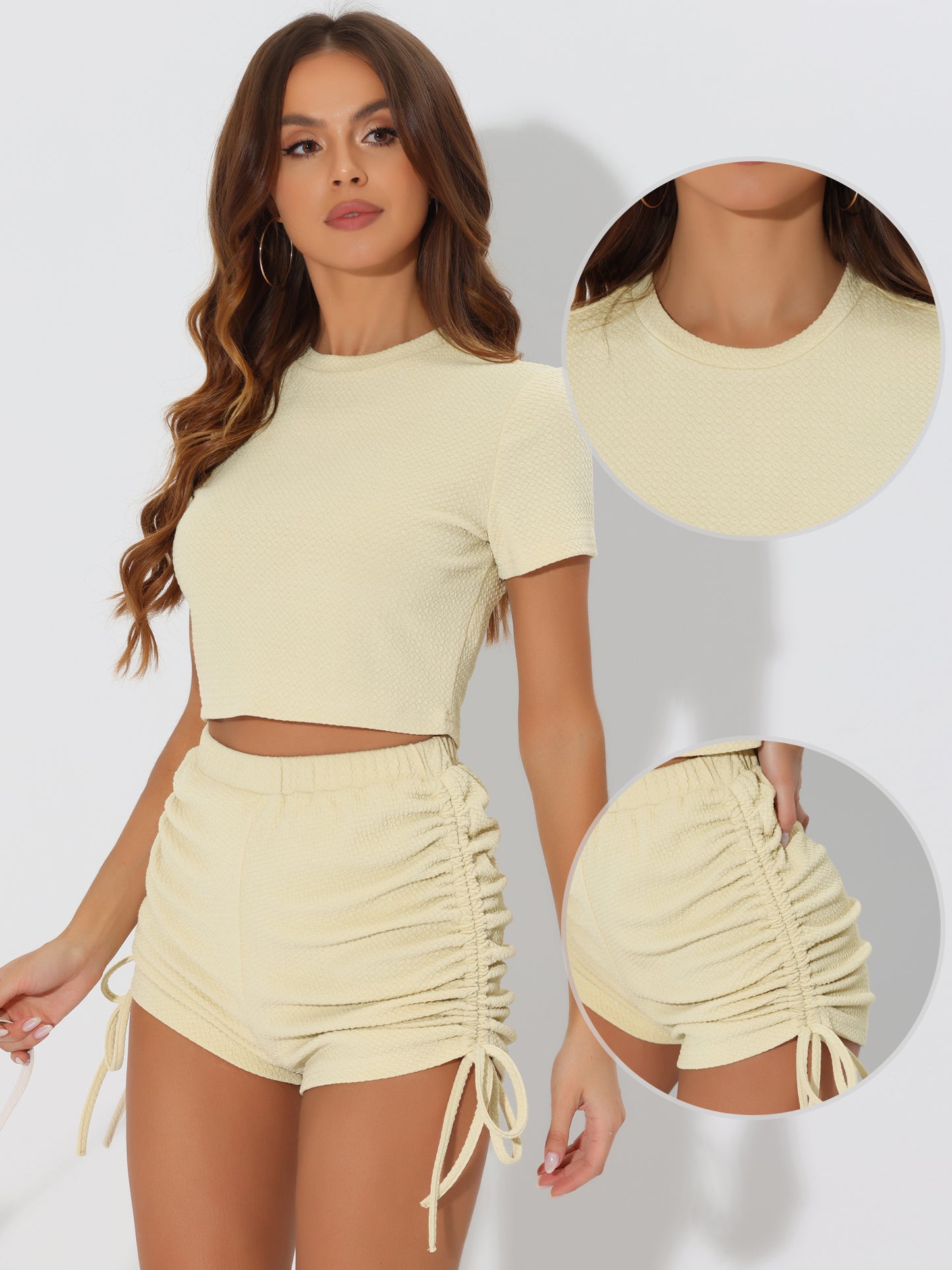 Women's Workout Outfit Short Sleeve Top with Drawstring Shorts 2 Piece Set