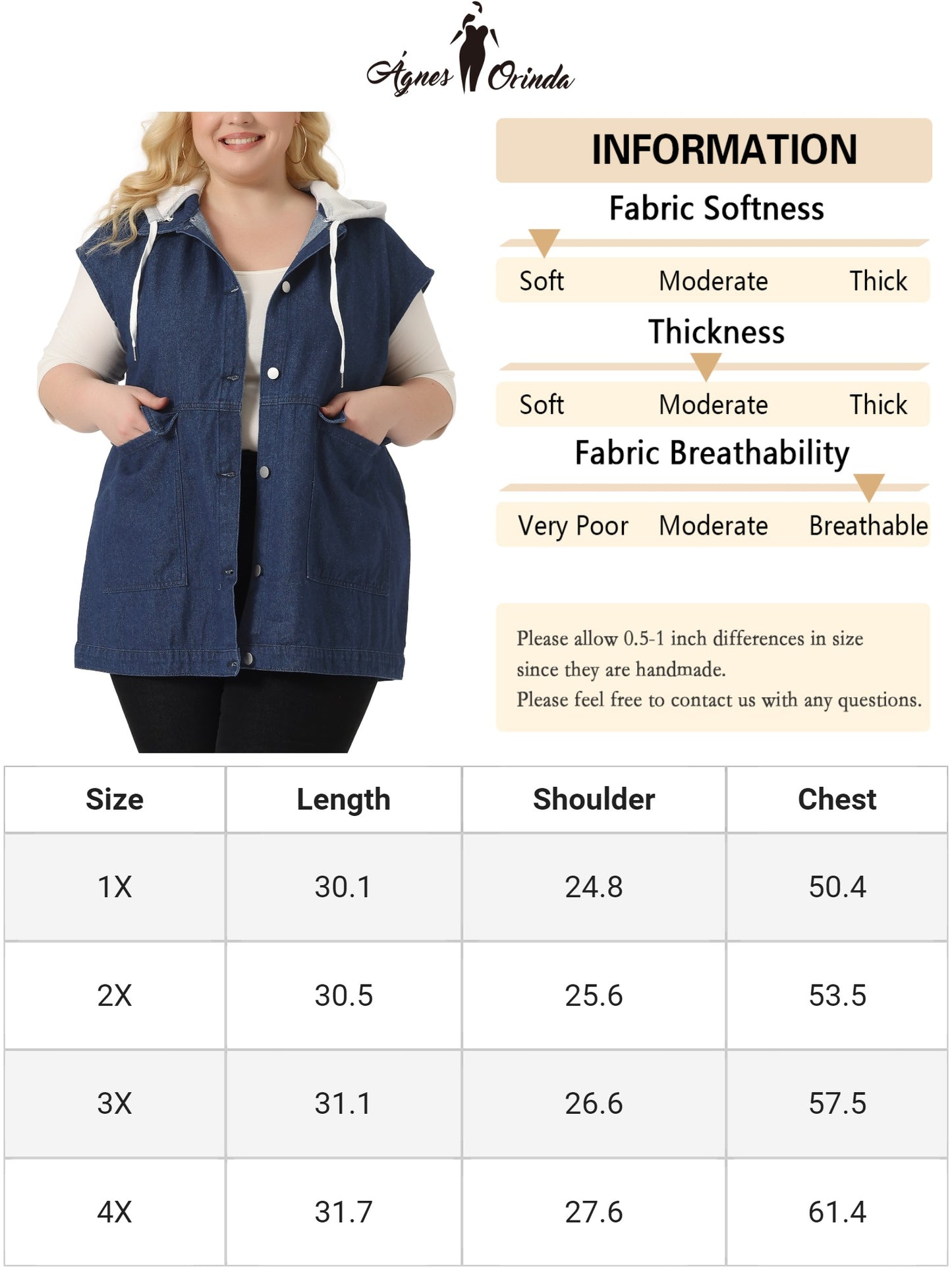 Women Plus Size Denim Jacket Drawstring Hood Utility Long Jean Jacket Vest