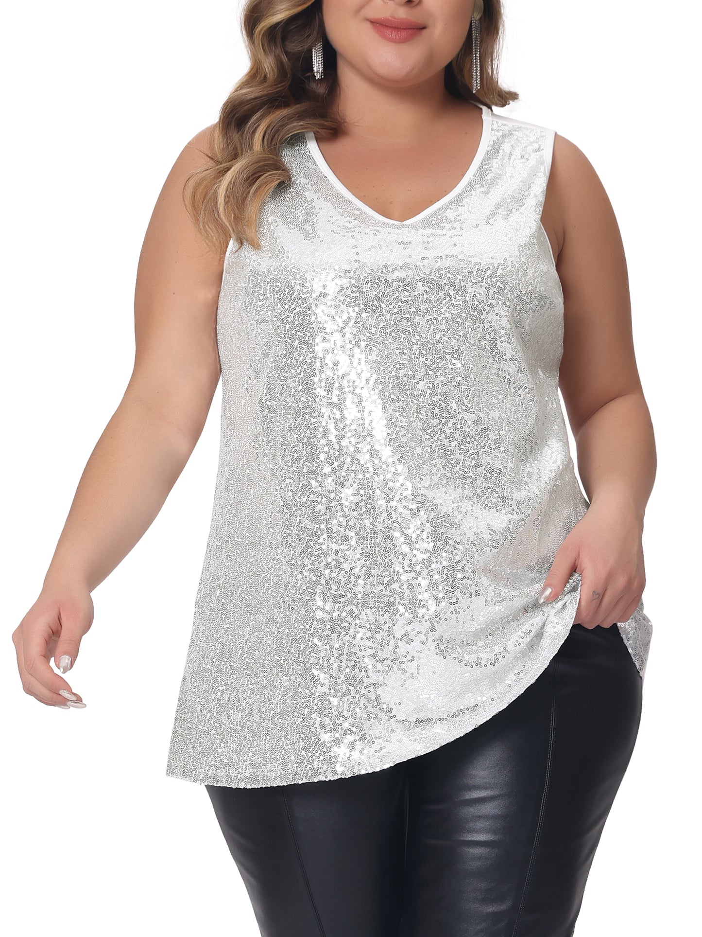 Women Plus Size Sleeveless Glitter Sequin Tank Tops Shimmer Sparkle V Neck Club Party Vest Top