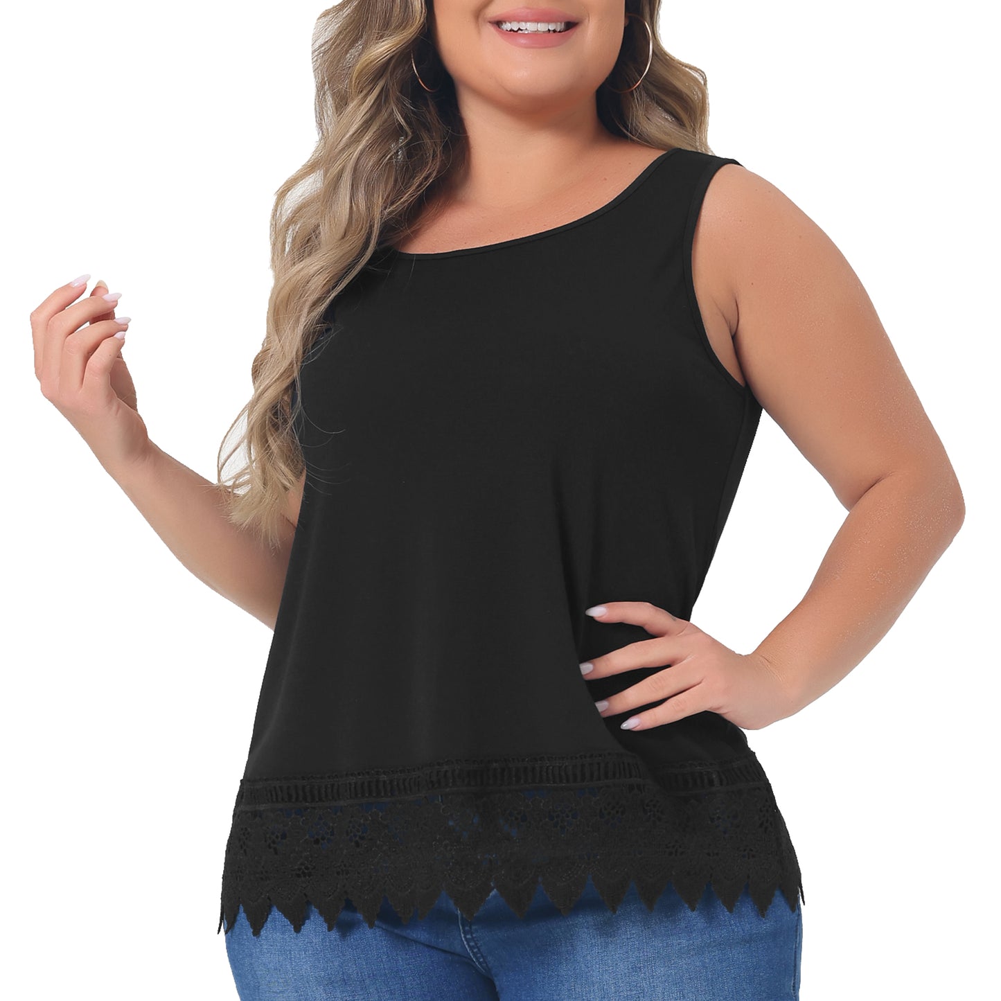 Women Plus Size Tops Round Neck Sleeveless Swing Lace Panel Flowy Tee Tops Summer