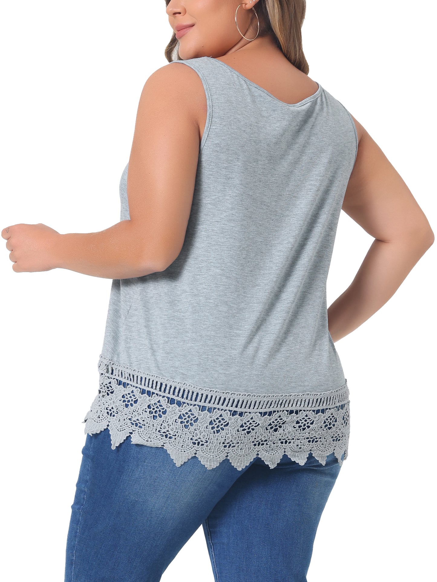 Women Plus Size Tops Round Neck Sleeveless Swing Lace Panel Flowy Tee Tops Summer