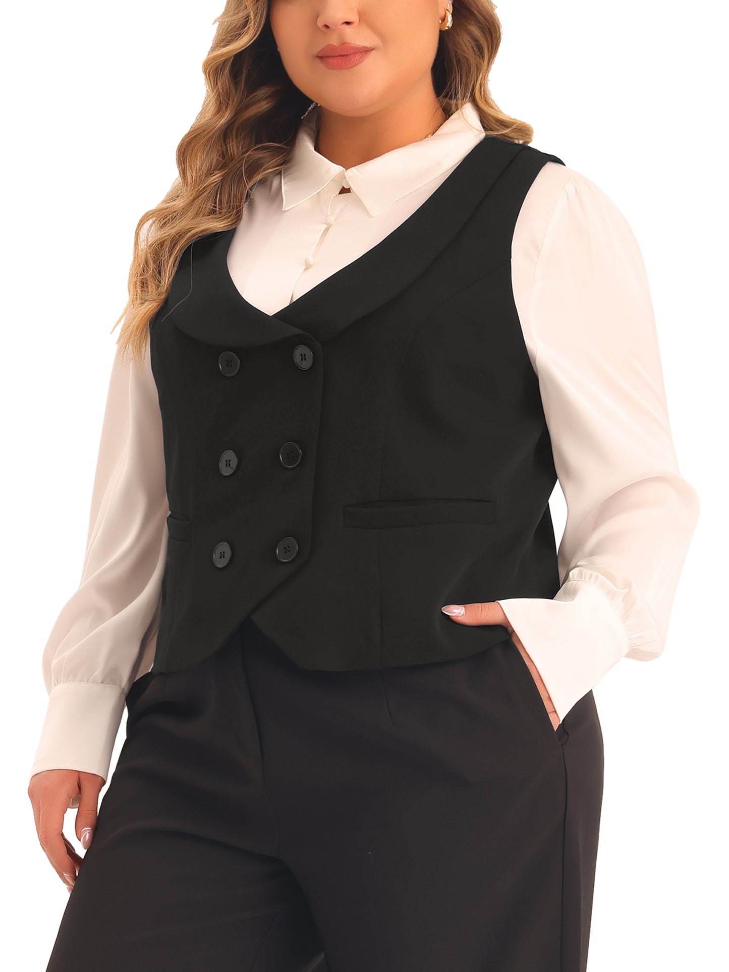Women Plus Size Suit Vest Double Breasted Vintage Lapel Collar Dressy Waistcoat Vest with 2 Pockets