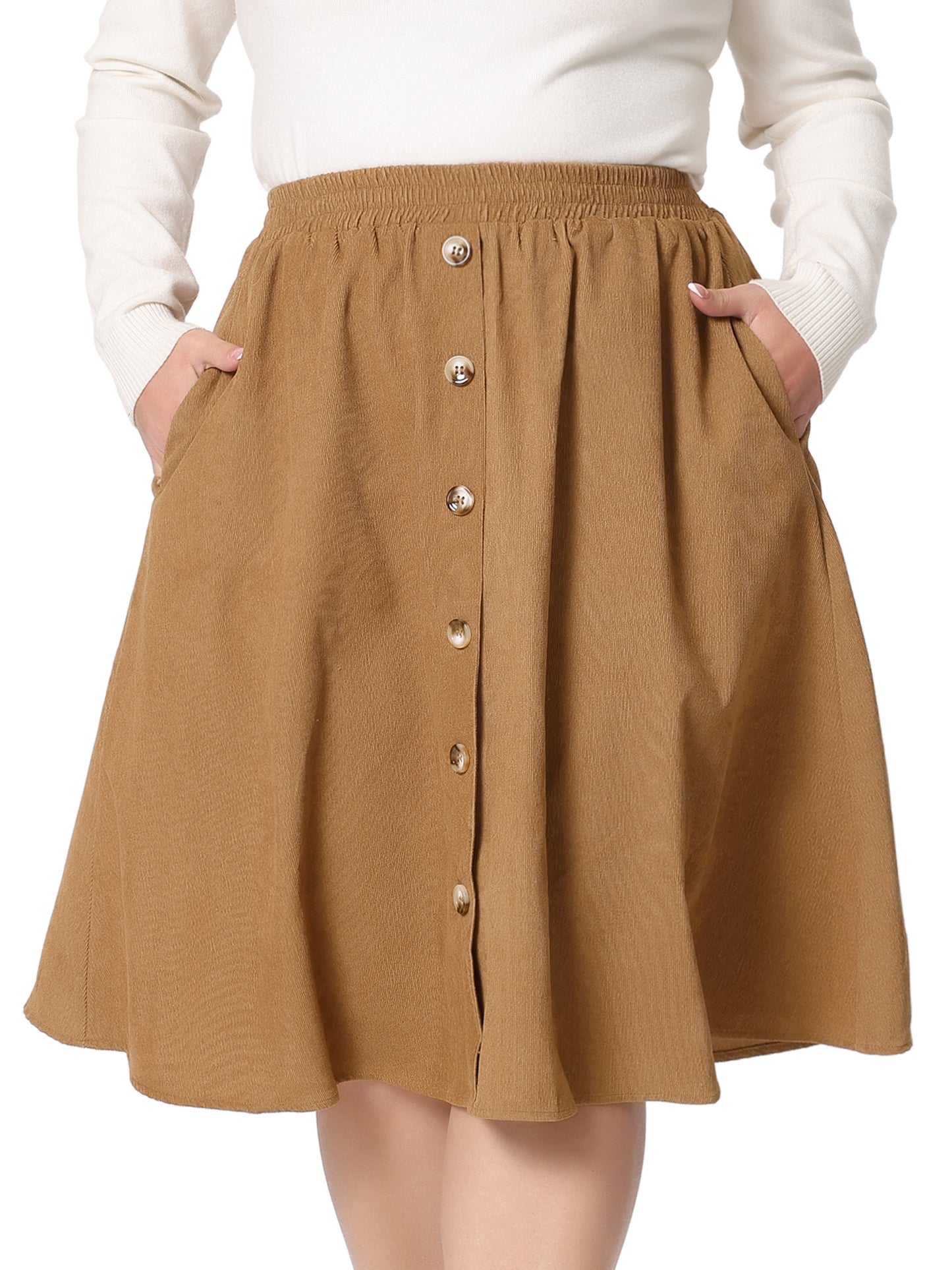 Women Plus Size Corduroy Midi Skirts Elastic High Waist Button Front A-Line Skirt with Pockets
