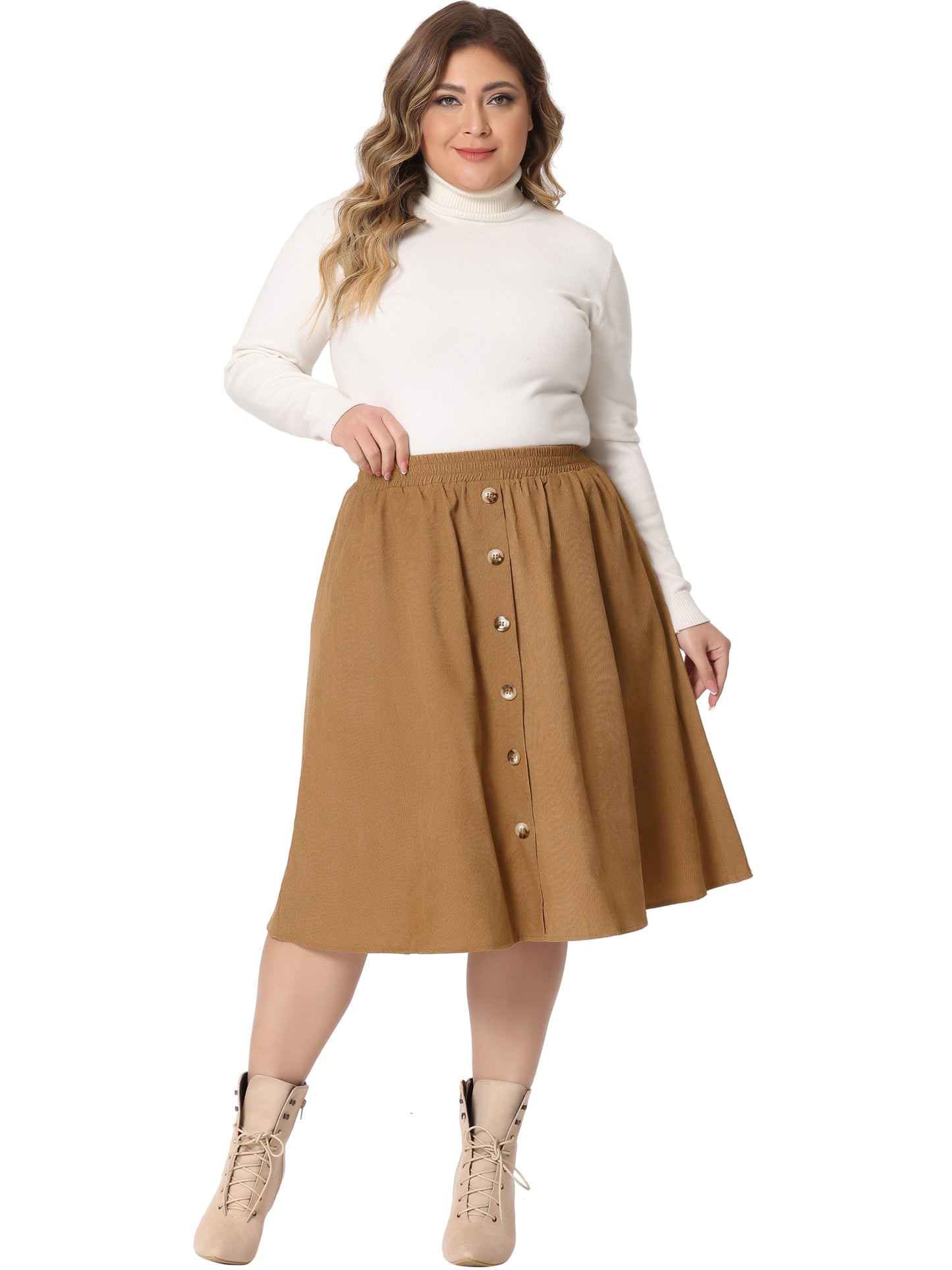 Women Plus Size Corduroy Midi Skirts Elastic High Waist Button Front A-Line Skirt with Pockets