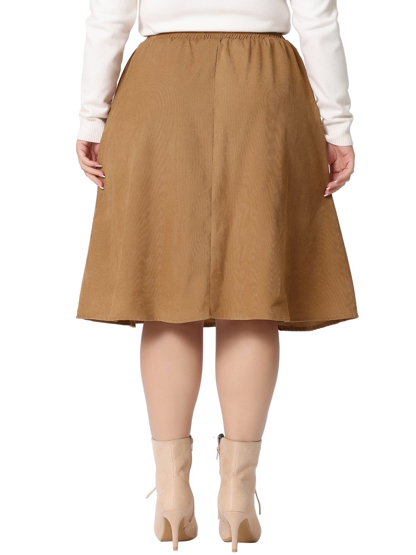 Women Plus Size Corduroy Midi Skirts Elastic High Waist Button Front A-Line Skirt with Pockets