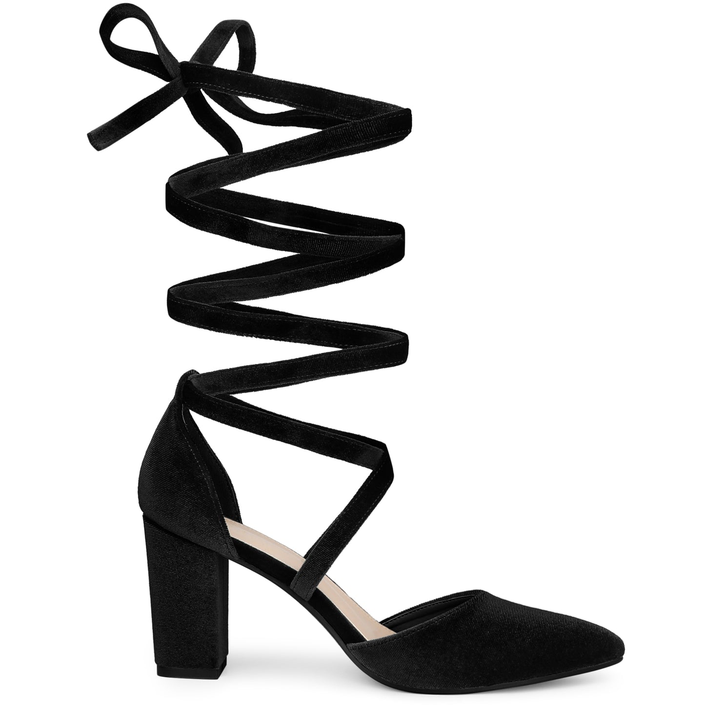 Zapatos de tacón grueso con cordones y punta puntiaguda de terciopelo para mujer