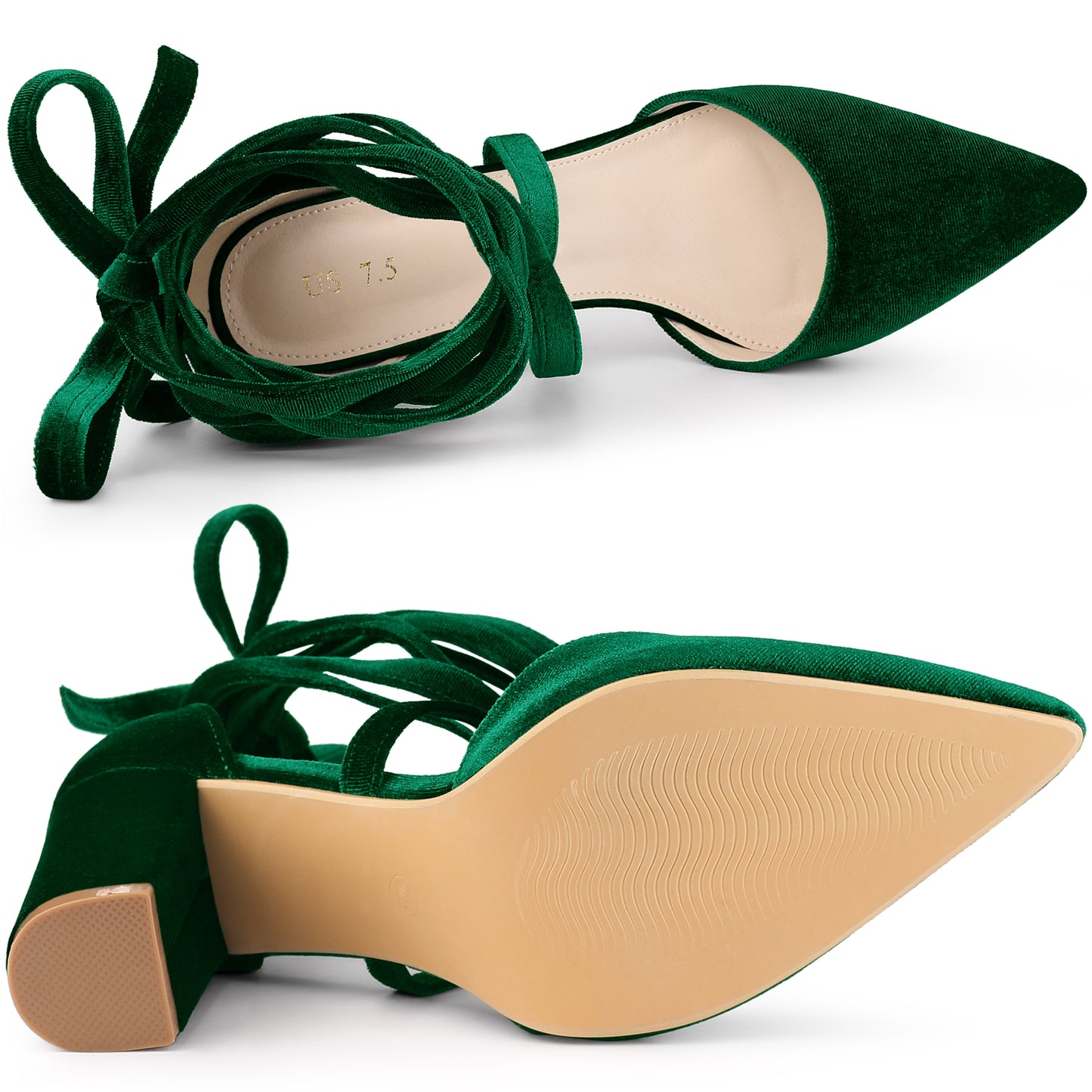 Zapatos de tacón grueso con cordones y punta puntiaguda de terciopelo para mujer