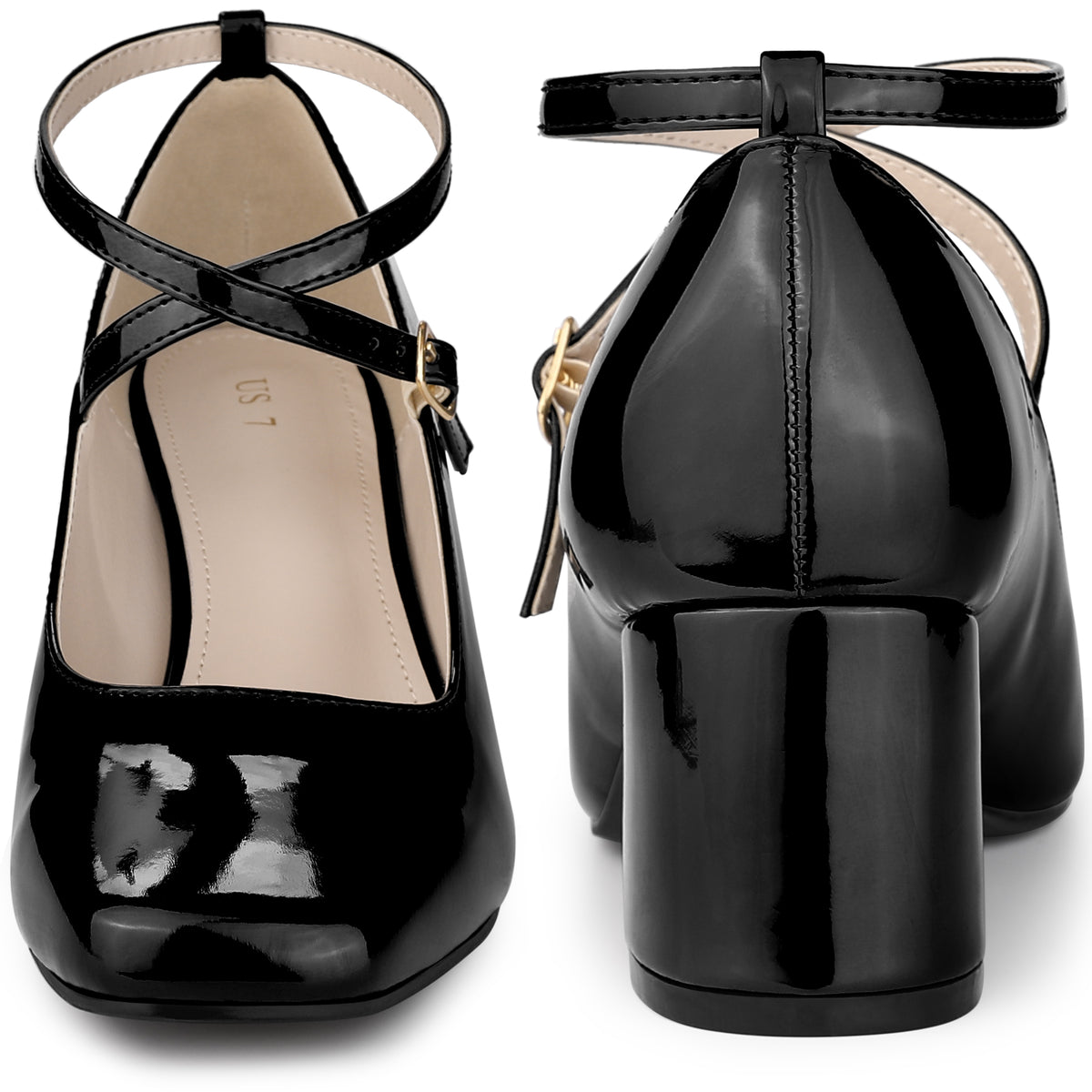 Women Mary Jane Square Toe Heels Block Heel Metallic Pumps