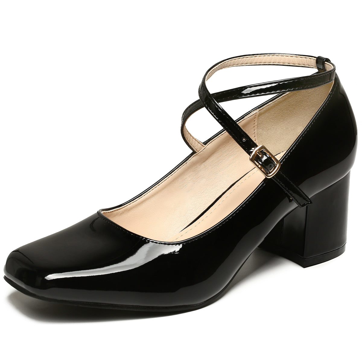 Women Mary Jane Square Toe Heels Block Heel Metallic Pumps