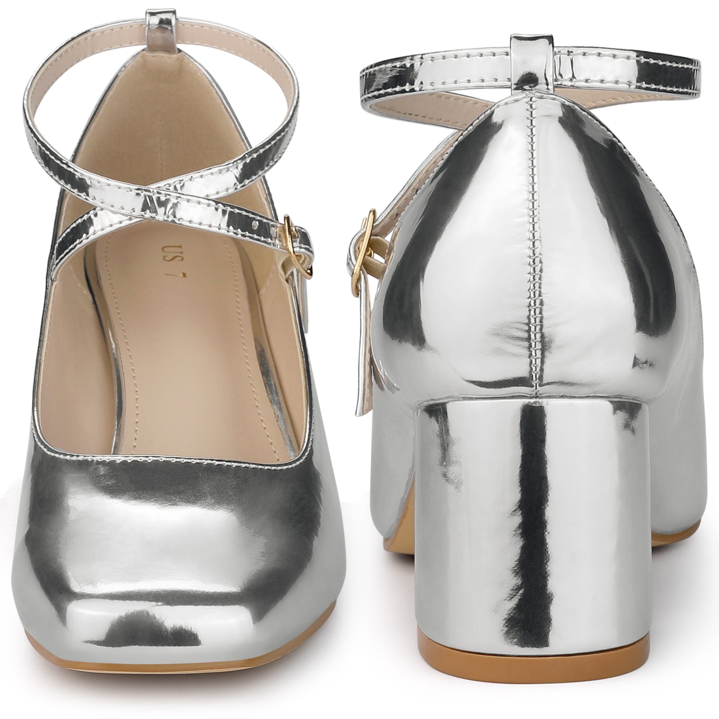 Zapatos Mary Jane de punta cuadrada y tacón de bloque metálicos para mujer