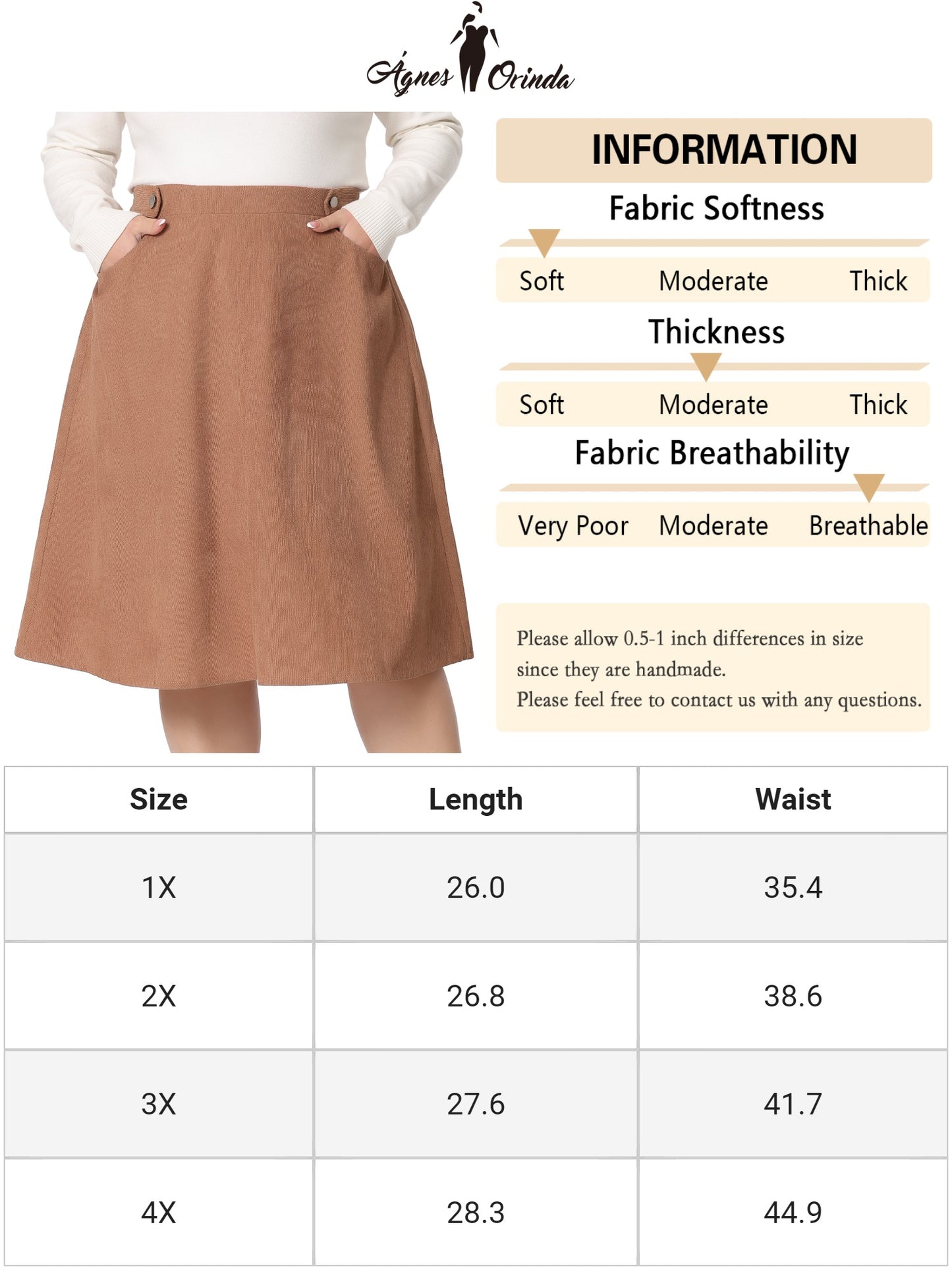 Falda de pana elástica de talla grande para mujer, corte A alto, con bolsillos, falda midi