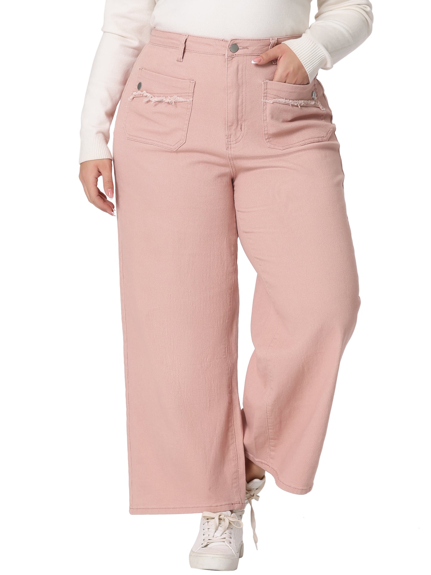 Women Plus Size Jeans Wide Leg Washed Stretch With Pockets Palazzo Denim Jeans