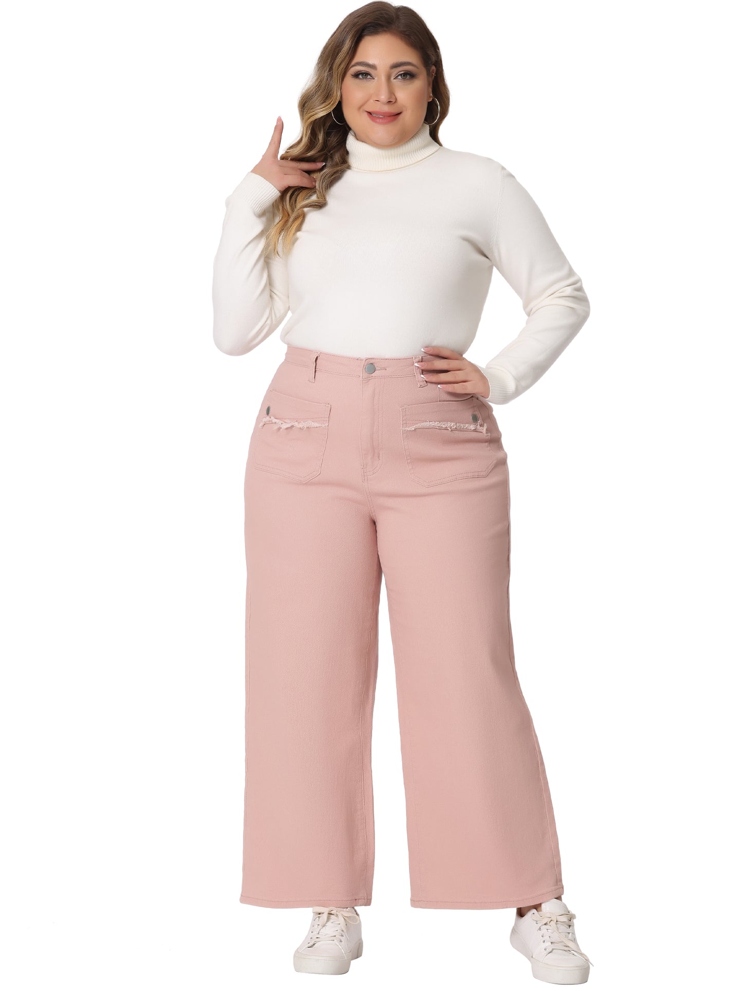 Women Plus Size Jeans Wide Leg Washed Stretch With Pockets Palazzo Denim Jeans