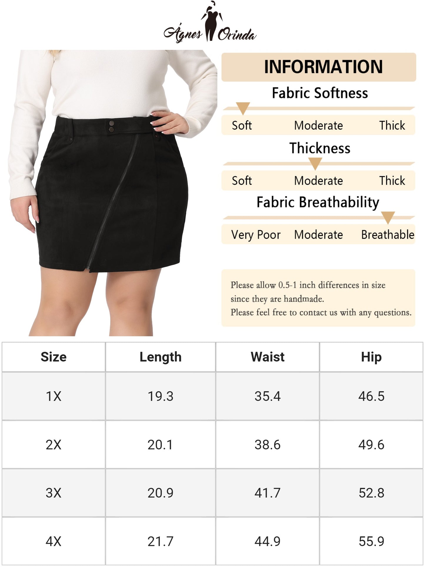 Women Plus Size Faux Suede Skirts Zipper Front Elastic Waist Mini Pencil Skirt with Pockets