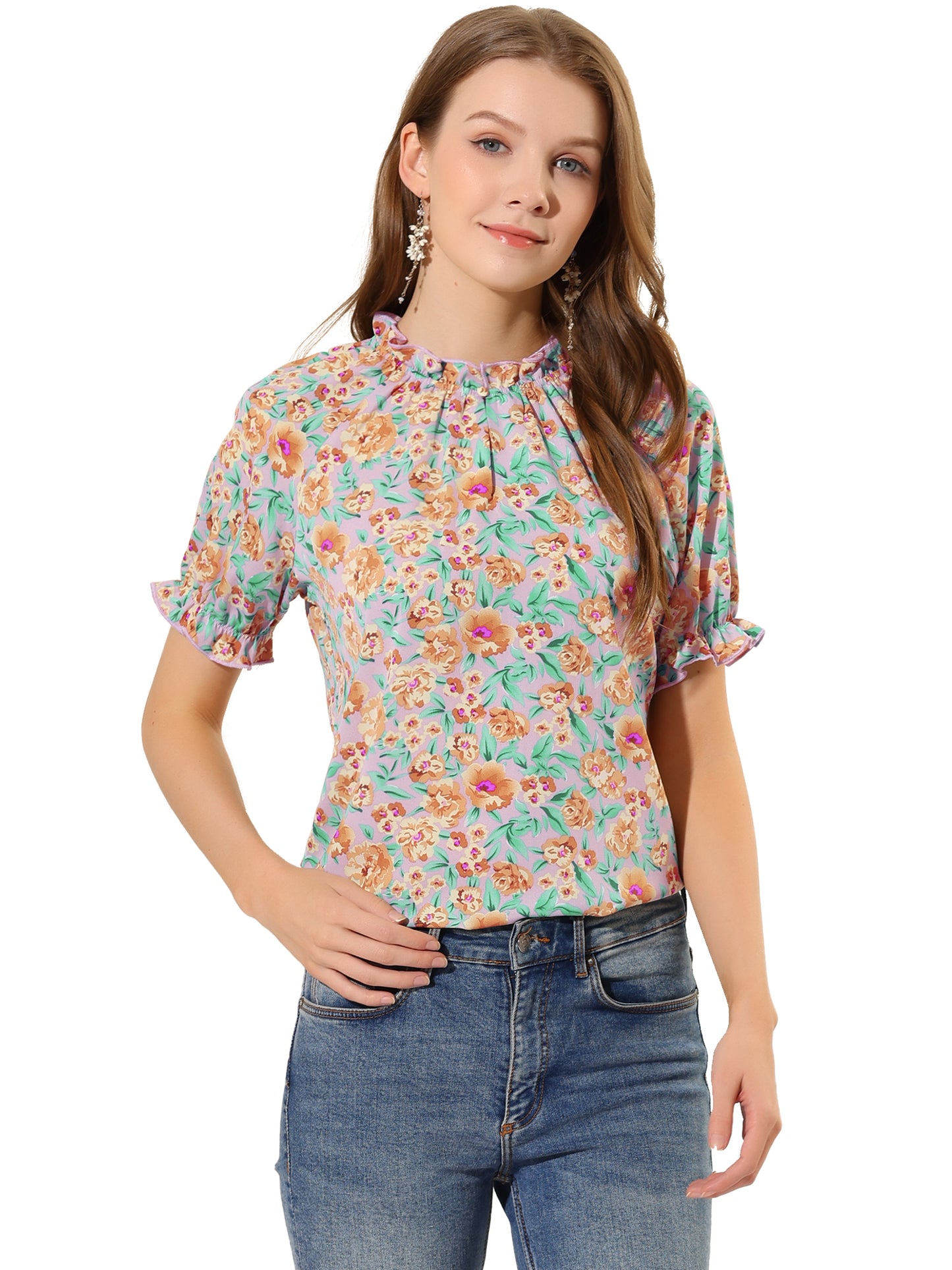 Blusa informal de verano de manga corta con cuello alto y estampado floral con volantes para mujer