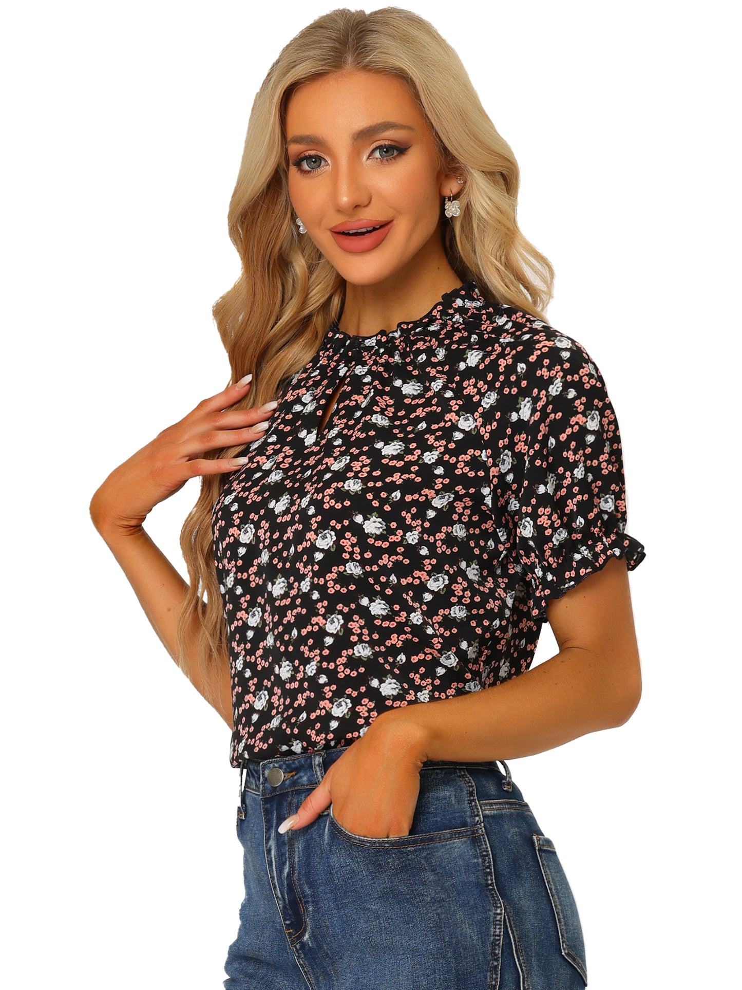 Blusa informal de verano de manga corta con cuello alto y estampado floral con volantes para mujer