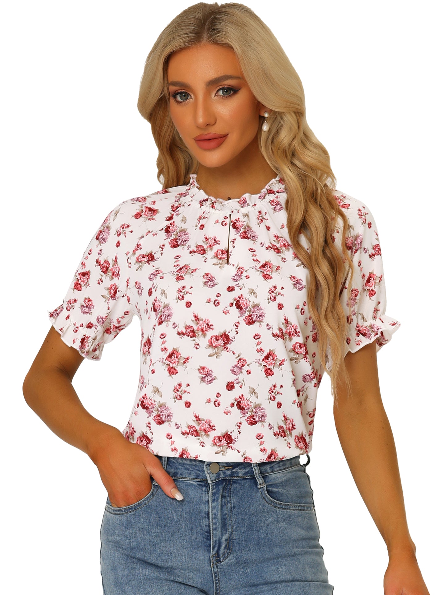 Blusa informal de verano de manga corta con cuello alto y estampado floral con volantes para mujer