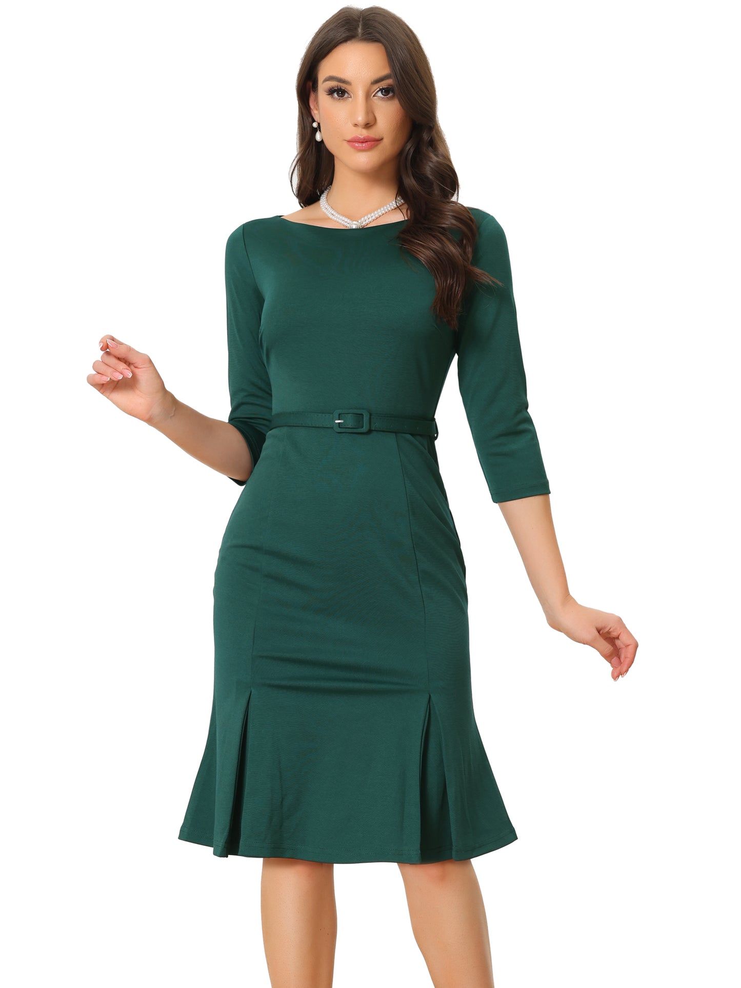 Women's Boat Neck 3/4 Sleeve Pleated Modest Midi Dress Business Elegant Formal Dresses (Available in Plus Size)