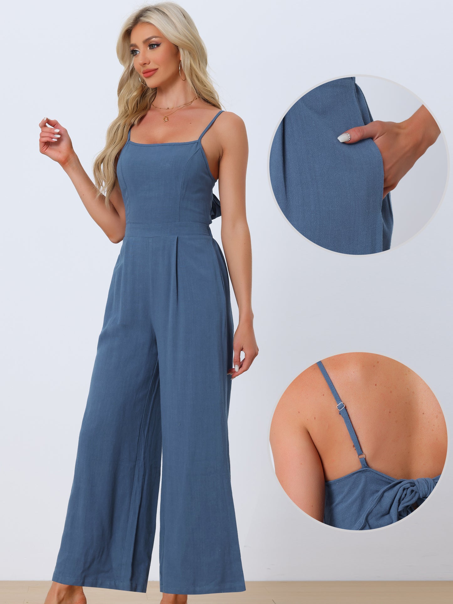 Women's Casual Spaghetti Strap Sleeveless Wide Legs Rompers Linen Jumpsuits