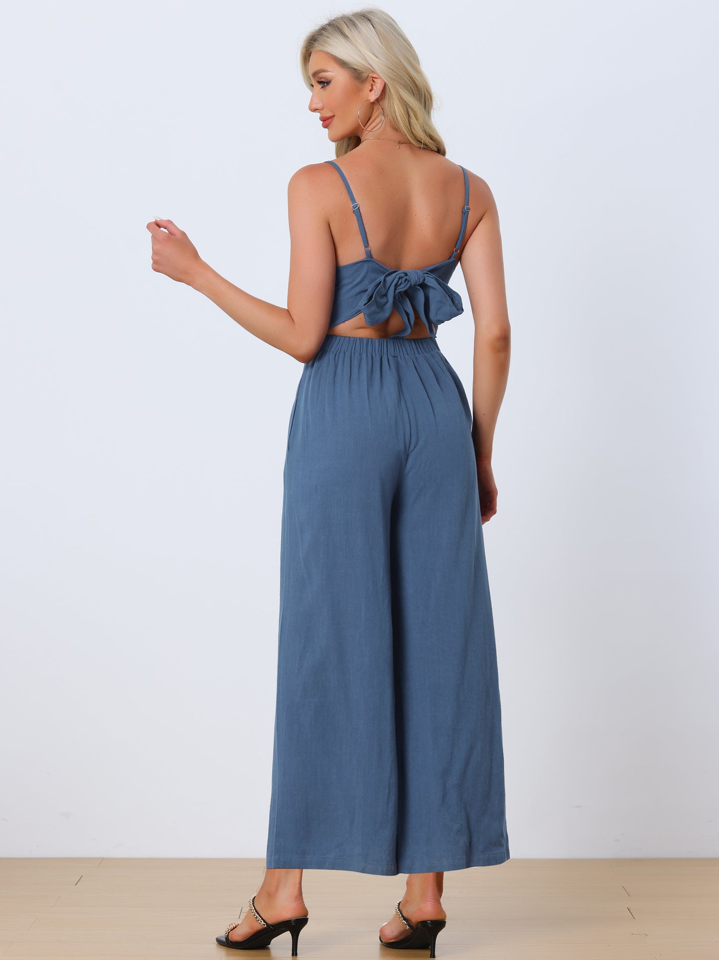 Women's Casual Spaghetti Strap Sleeveless Wide Legs Rompers Linen Jumpsuits