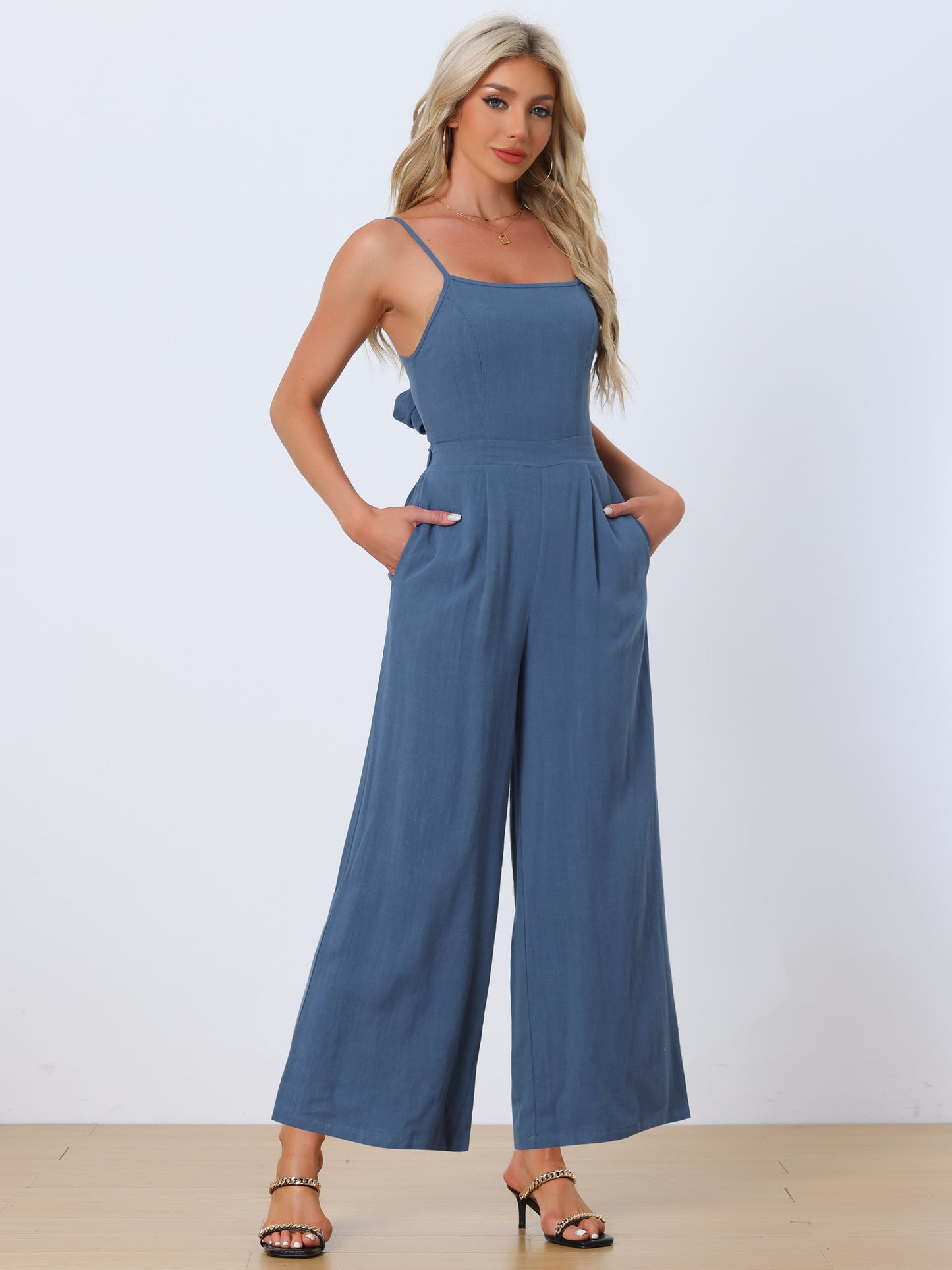 Women's Casual Spaghetti Strap Sleeveless Wide Legs Rompers Linen Jumpsuits