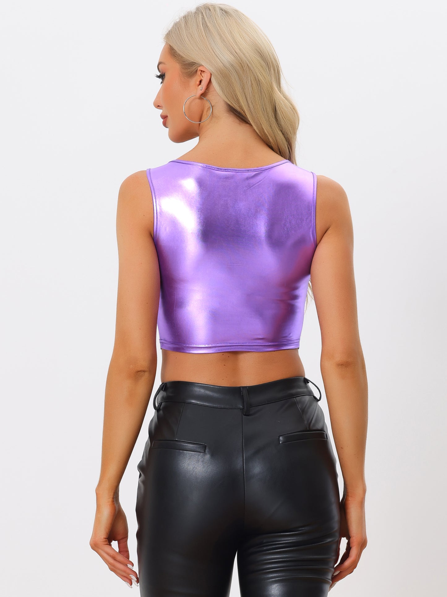 Women's U Neck Sleeveless Party Clubwear Holographic Shiny Metallic Cami Crop Top