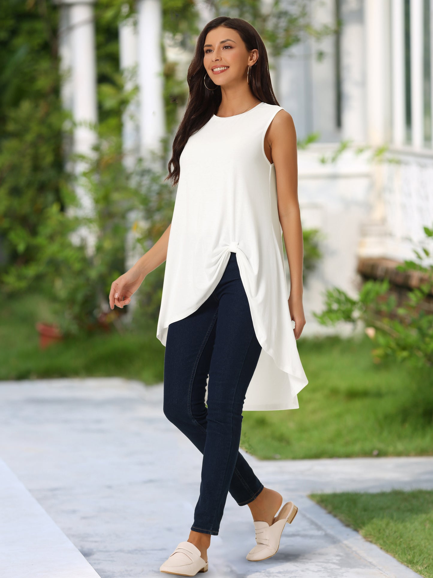 Women's High Low Tops Crewneck Twist Knot Sleeveless Tunic Top Dressy Asymmetrical Summer Loose Fit Shirt