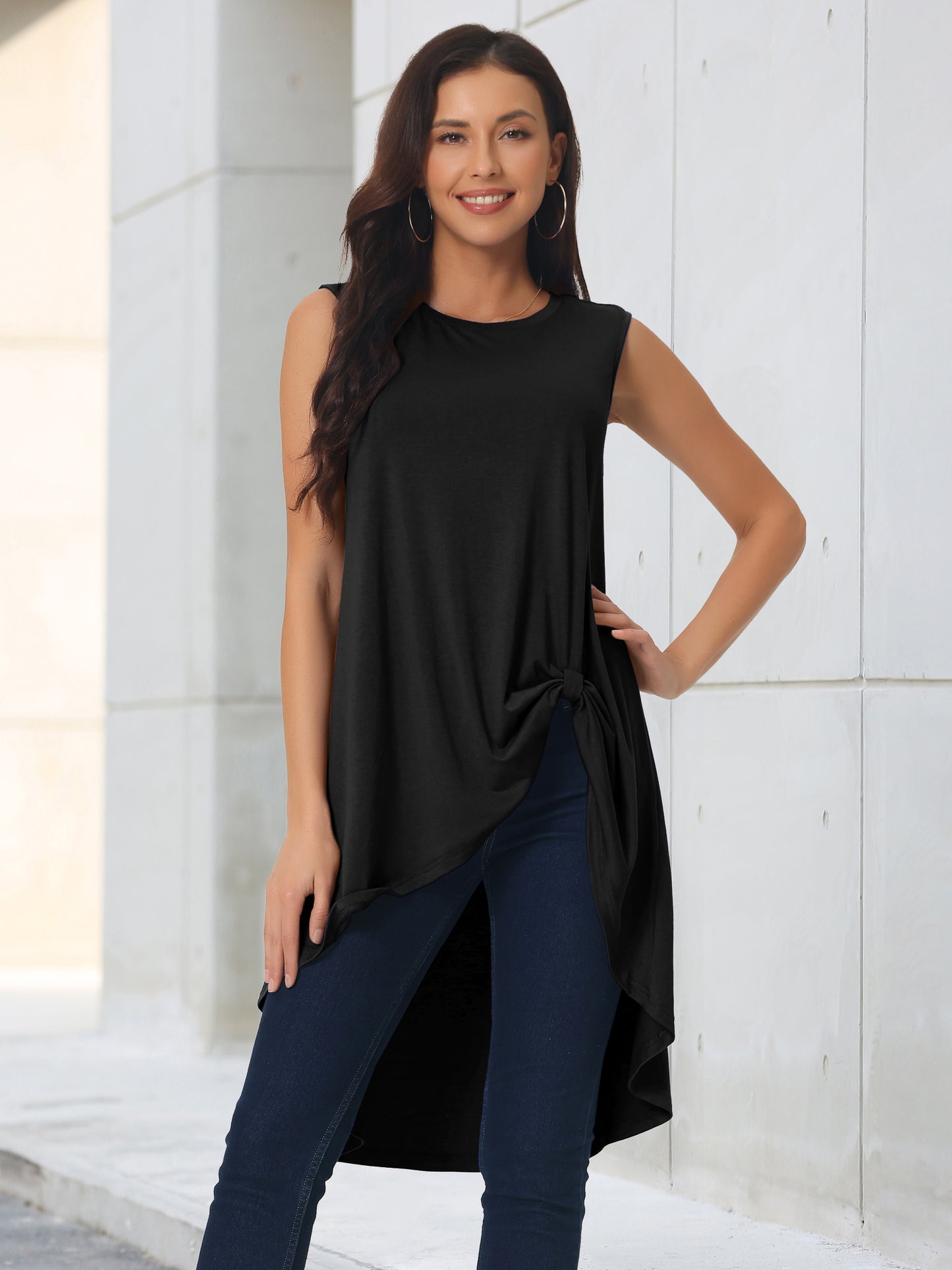 Women's High Low Tops Crewneck Twist Knot Sleeveless Tunic Top Dressy Asymmetrical Summer Loose Fit Shirt
