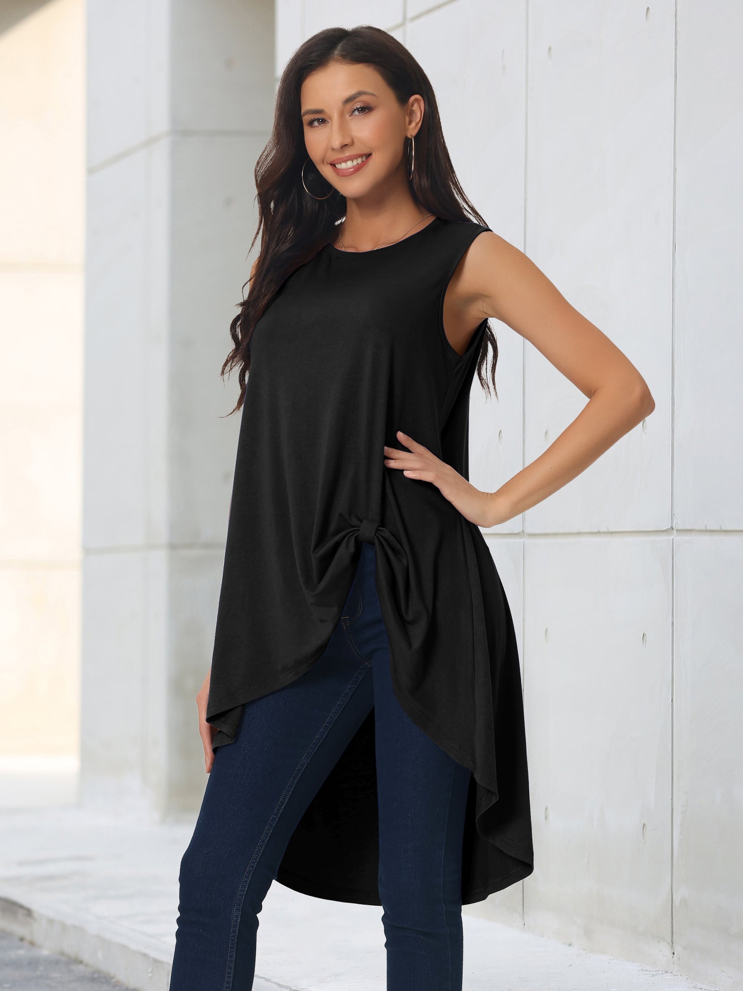 Women's High Low Tops Crewneck Twist Knot Sleeveless Tunic Top Dressy Asymmetrical Summer Loose Fit Shirt
