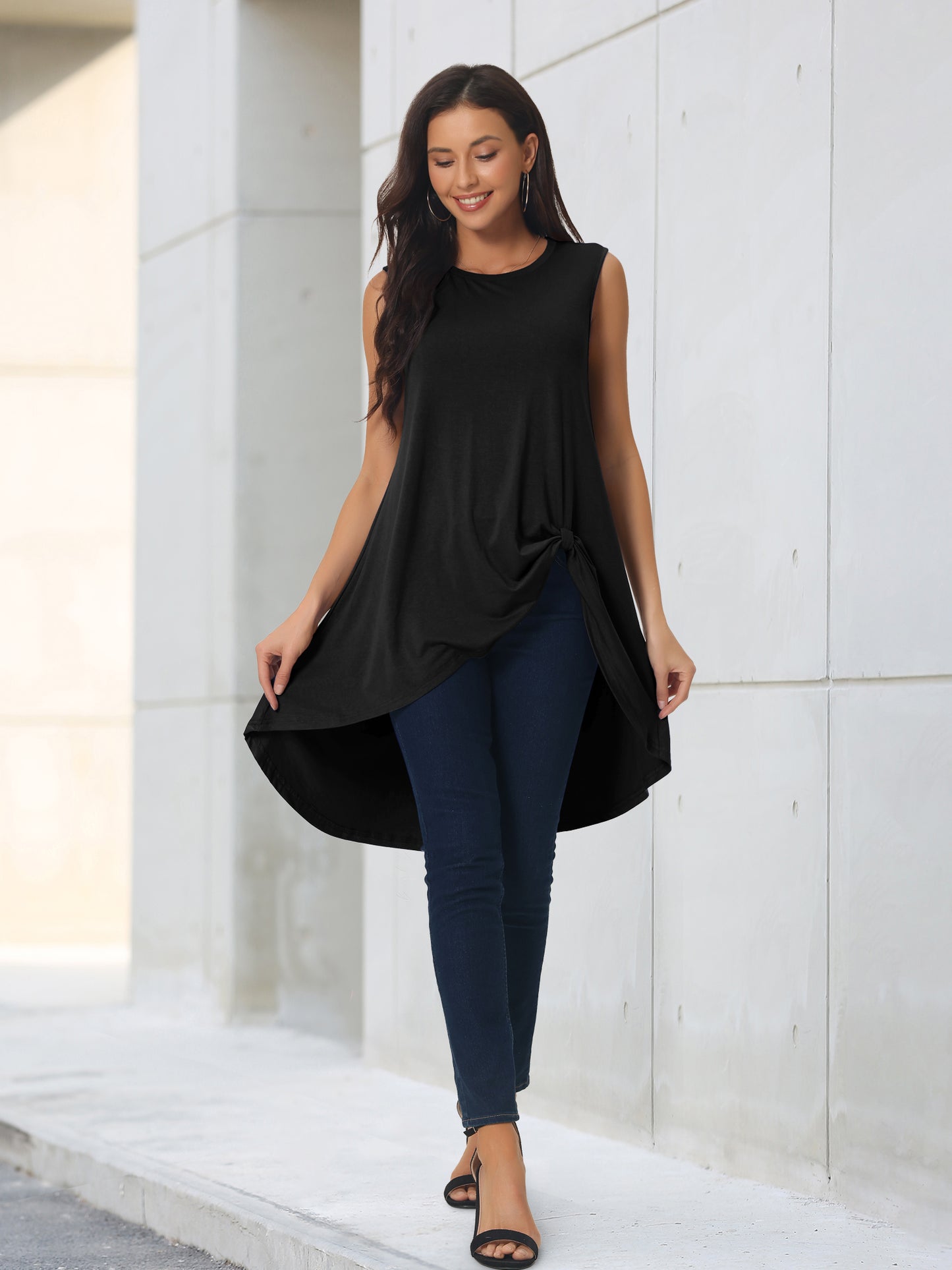Women's High Low Tops Crewneck Twist Knot Sleeveless Tunic Top Dressy Asymmetrical Summer Loose Fit Shirt