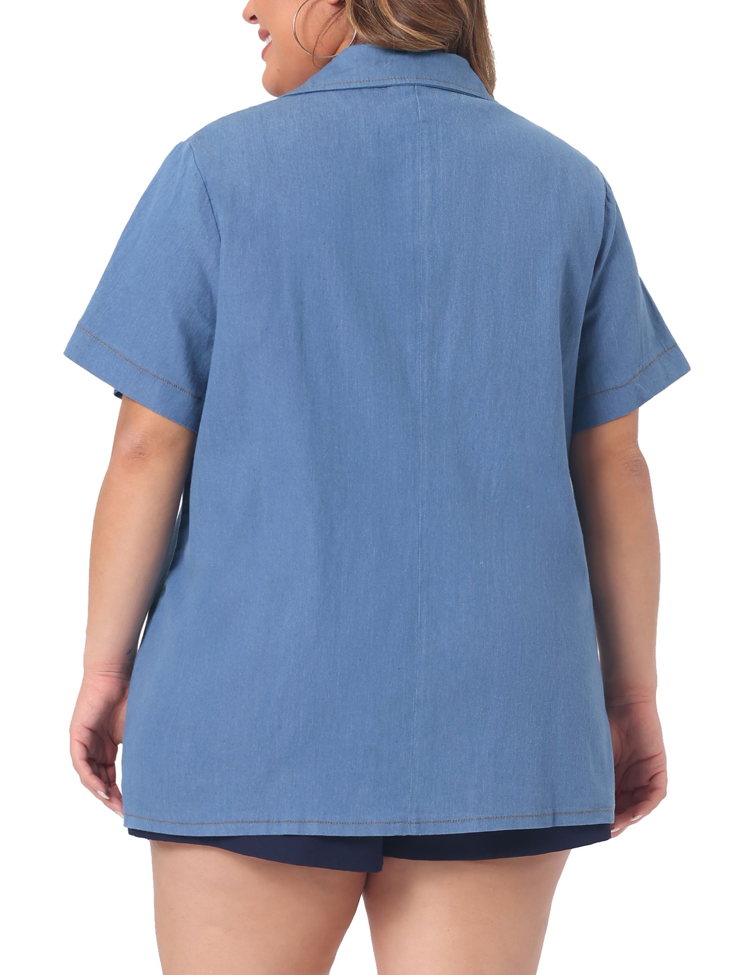 Women Plus Size Denim Shirt Front Lapel Short Sleeve Button Down Chambray Shirt