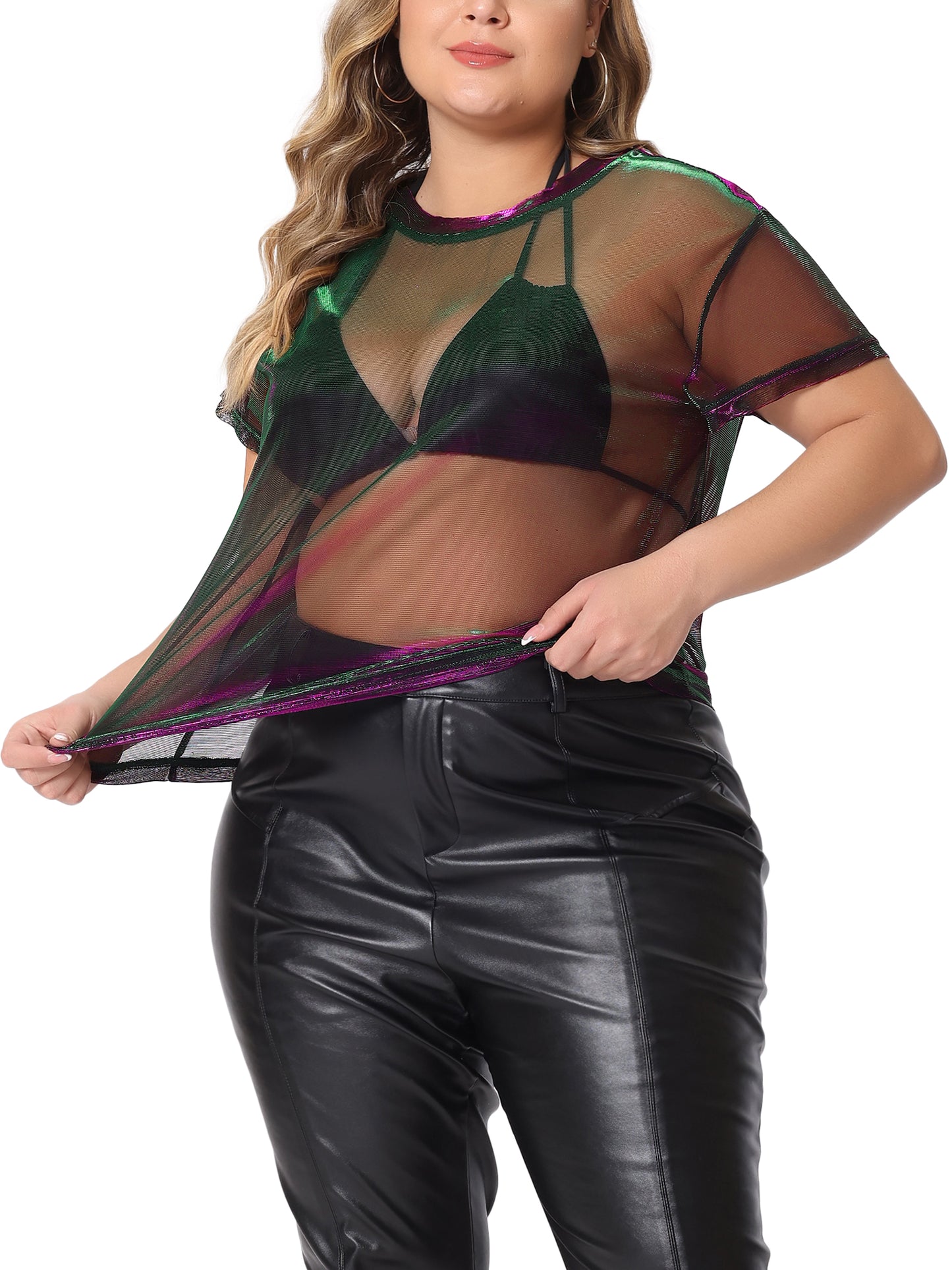 Women Plus Size Party Top Sheer Mesh Holographic See Through Sexy Top