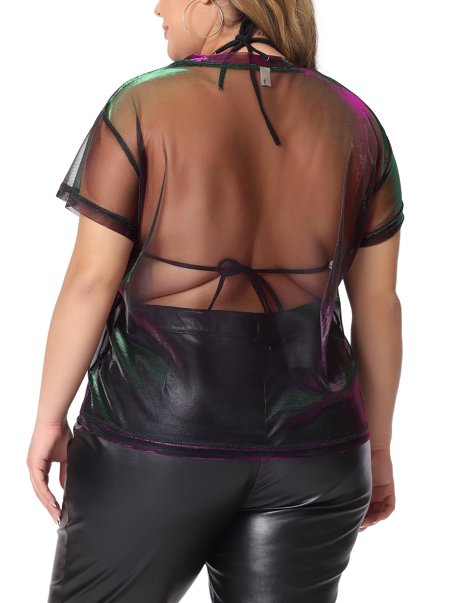 Women Plus Size Party Top Sheer Mesh Holographic See Through Sexy Top