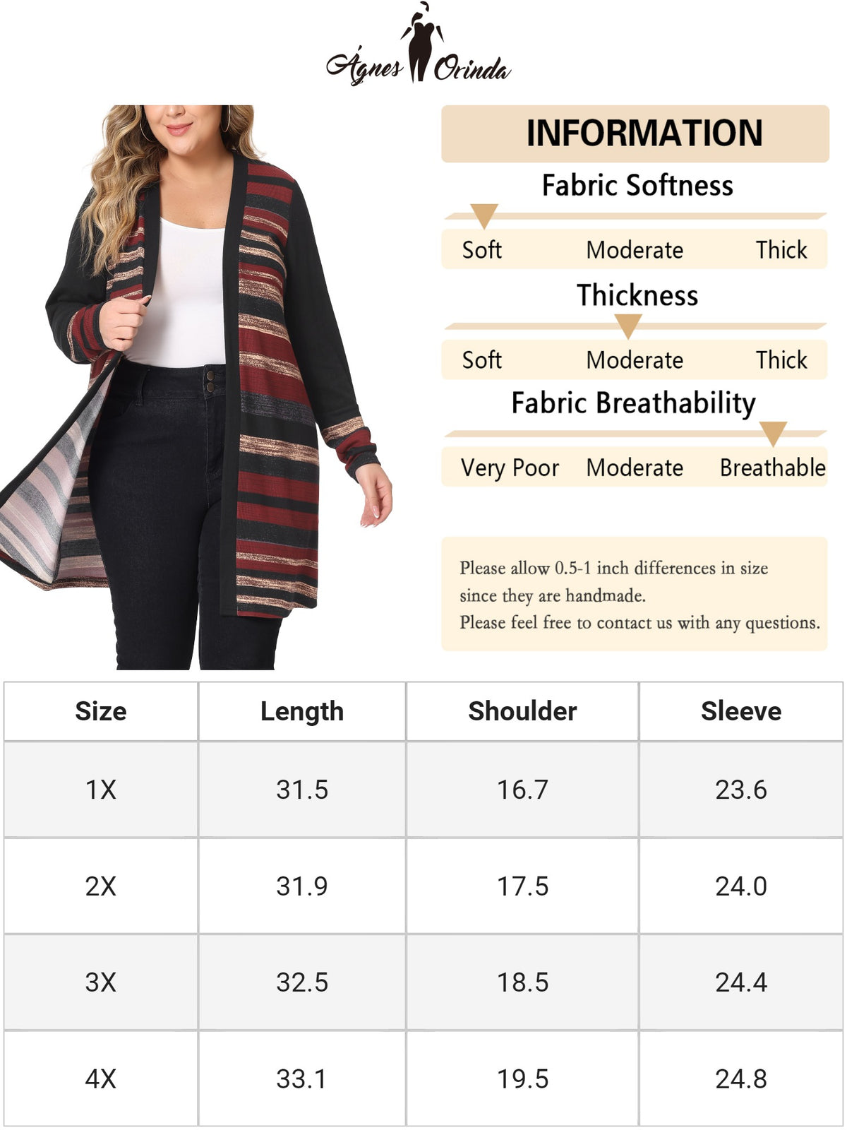 Women's Plus Size Cardigan Long Open Front Striped Sweater Cardigans