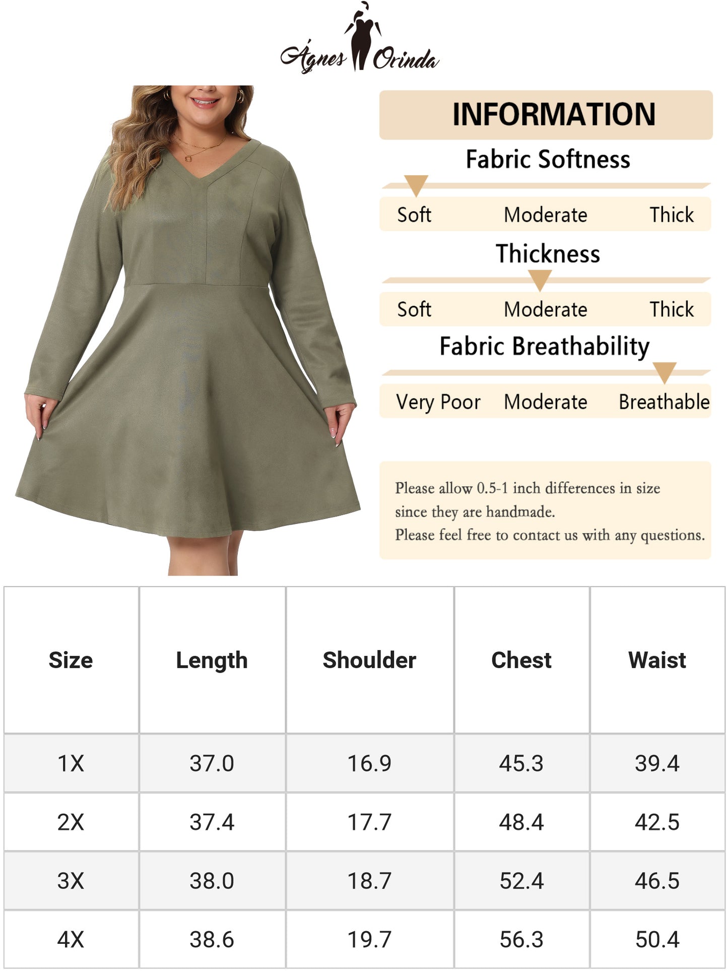 Women Plus Size Faux Suede Dress V Neck Long Sleeve A-Line Elegant Midi Dress