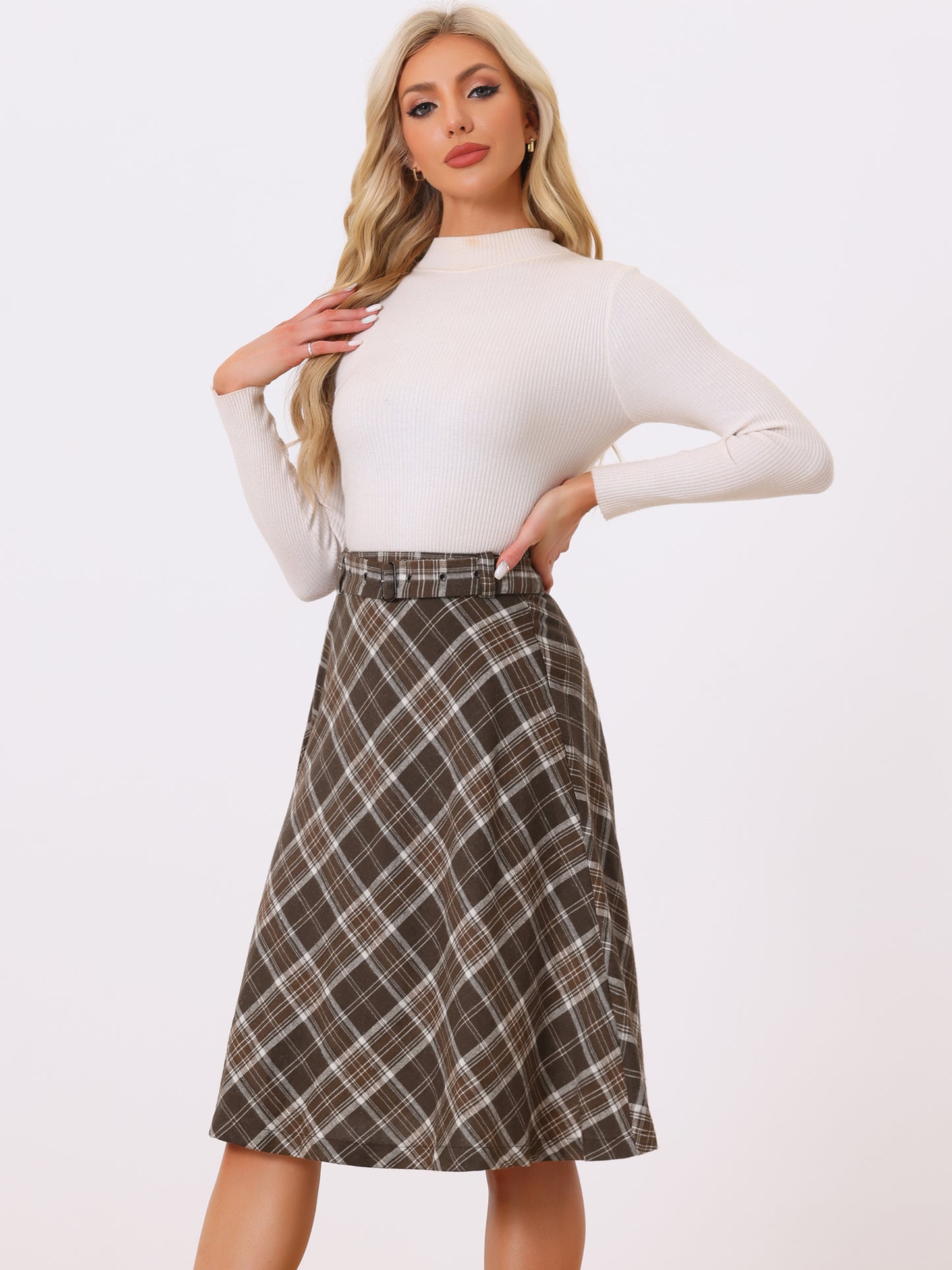 Women's Tartan Plaid High Waist Belted Vintage A-Line Midi Skirt