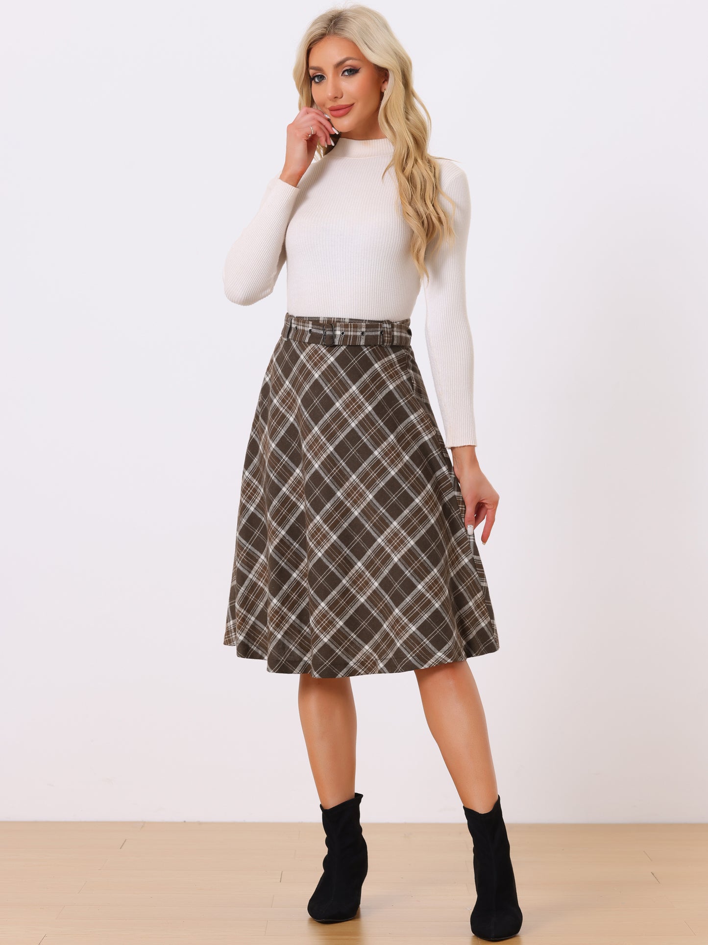 Women's Tartan Plaid High Waist Belted Vintage A-Line Midi Skirt