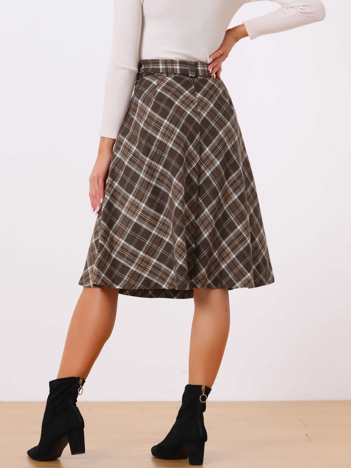 Women's Tartan Plaid High Waist Belted Vintage A-Line Midi Skirt