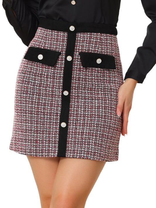 Minifalda de oficina elegante y ajustada con cintura alta y botones decorados de tweed para mujer