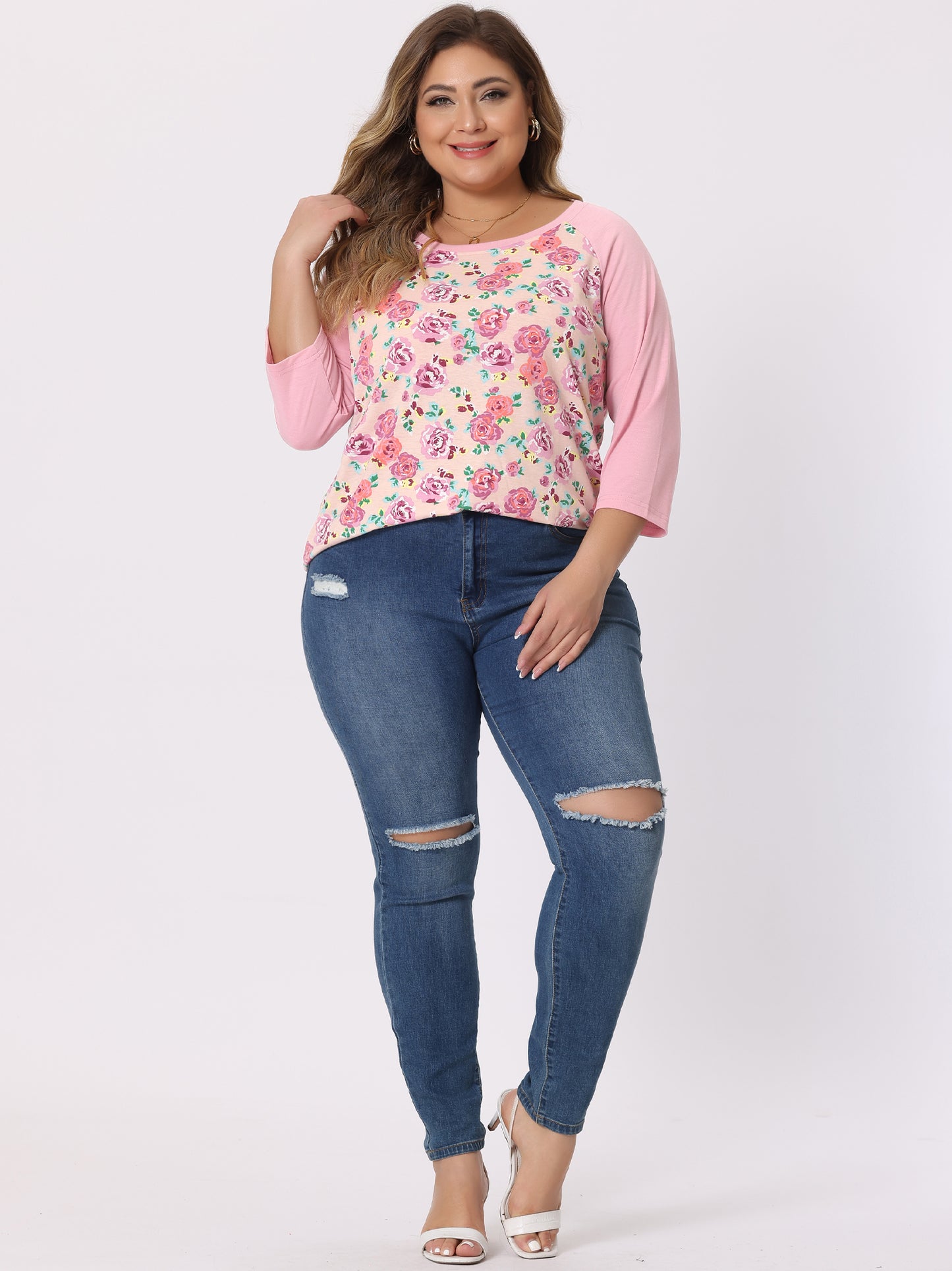 Women's Plus Size Raglan Crewneck 3/4 Sleeve Tunic Tee Shirt Floral Print T-Shirt Casual Top