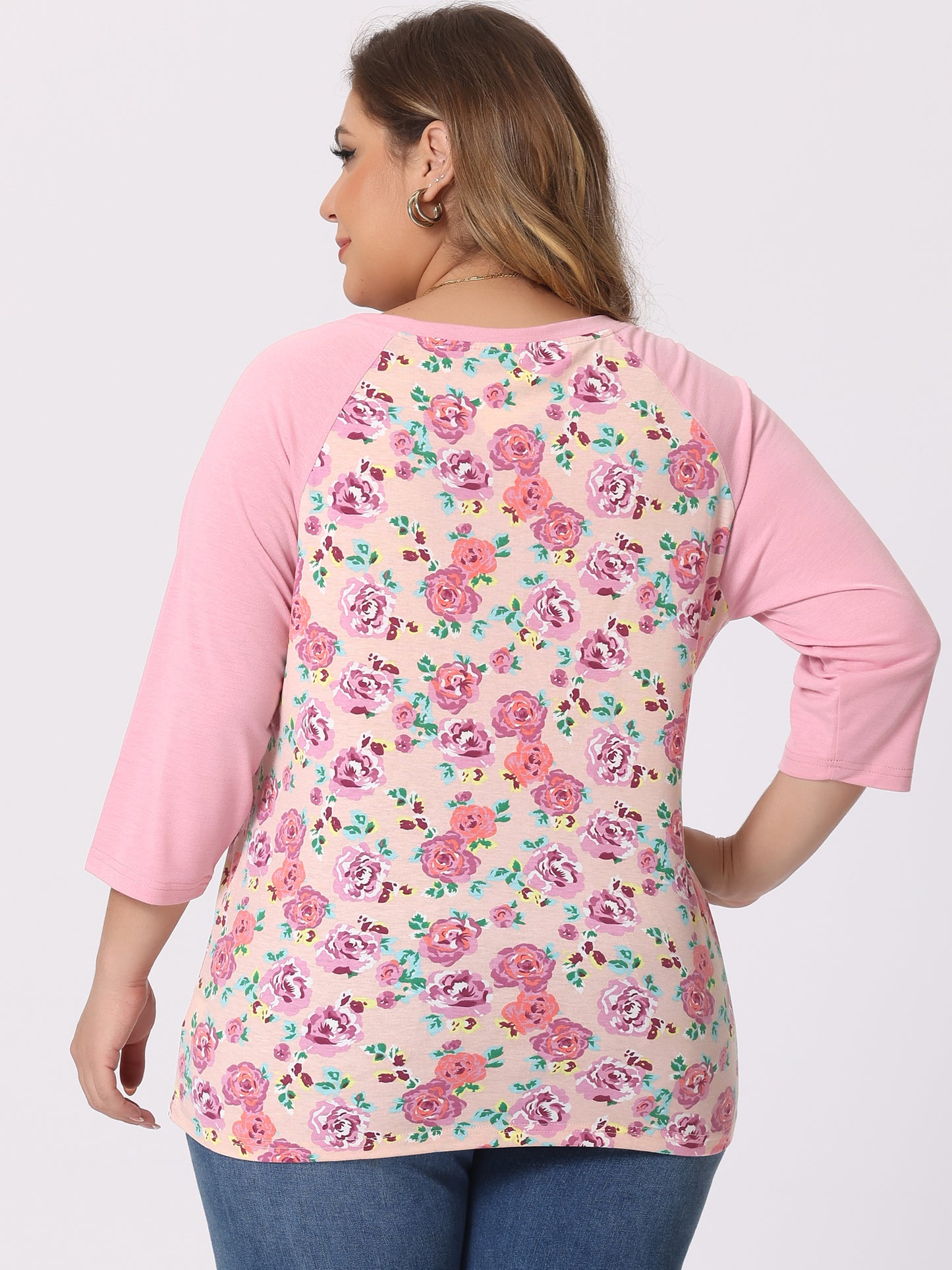 Women's Plus Size Raglan Crewneck 3/4 Sleeve Tunic Tee Shirt Floral Print T-Shirt Casual Top