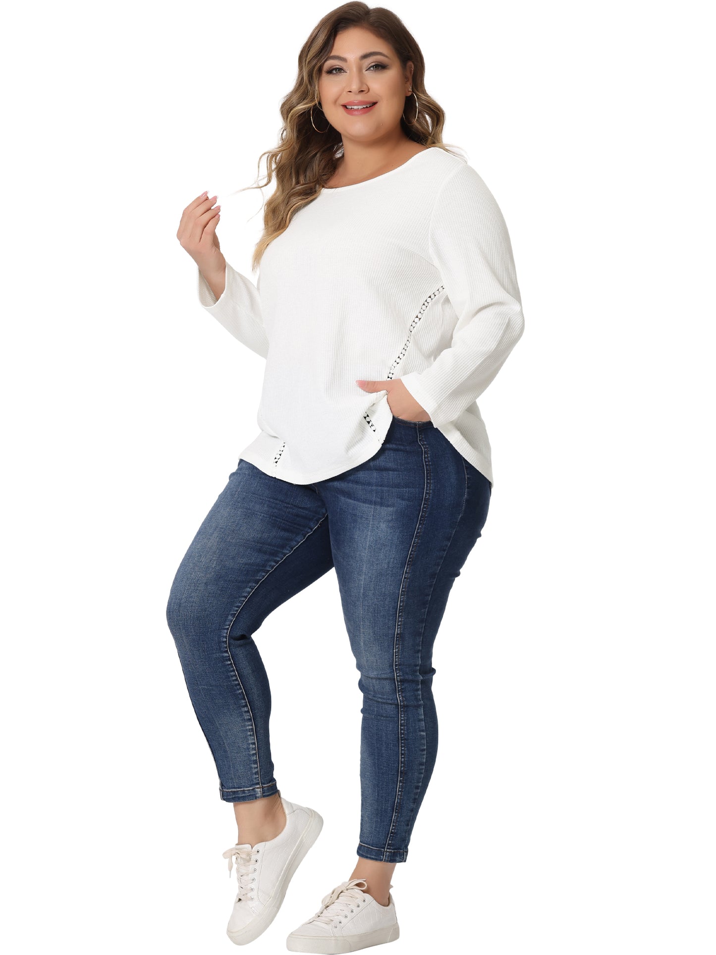 Women Plus Size Top Waffle Knit Shirt Causal Round Neck Top